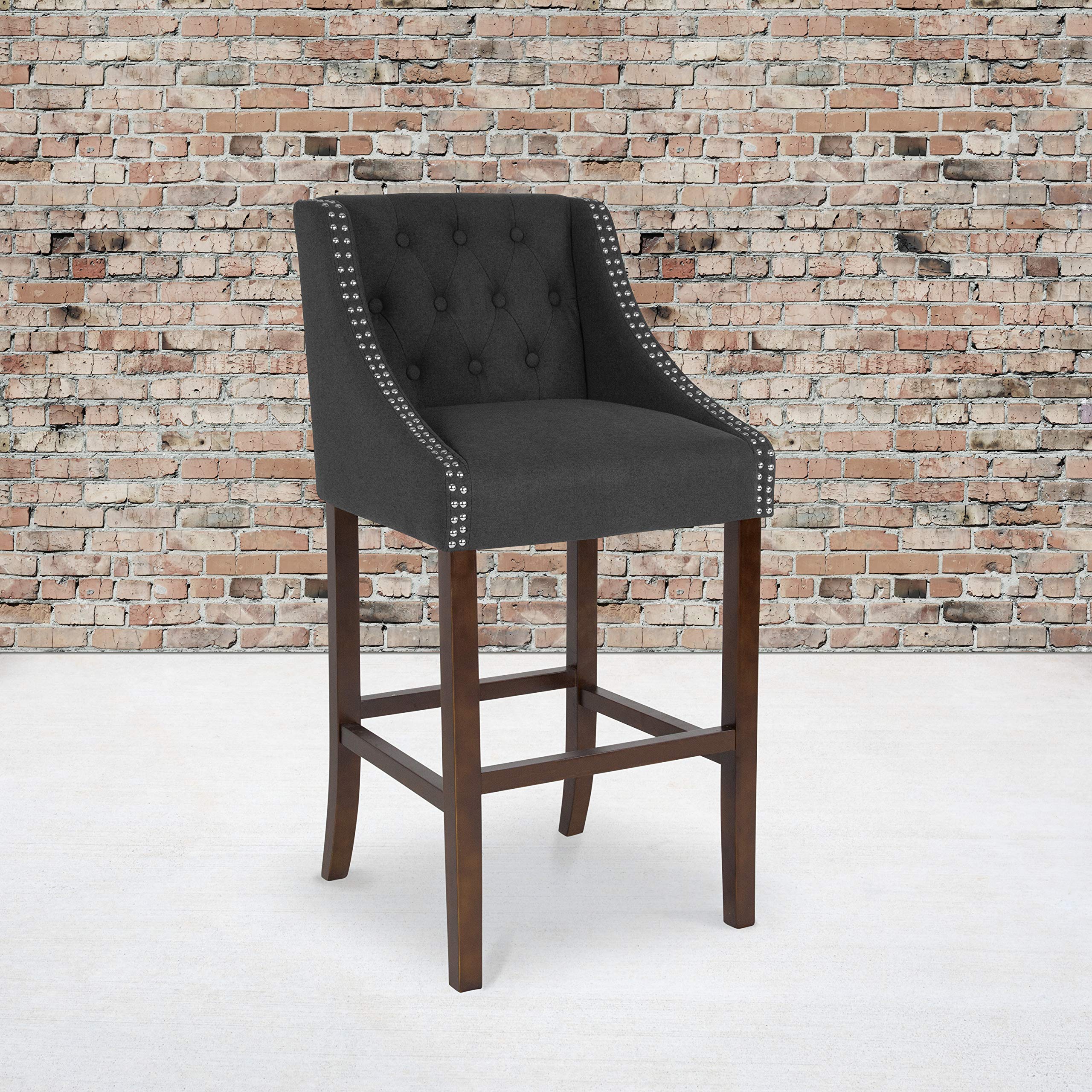 Flash Furniture Carmel Series 30" High Transitional Tufted Walnut Barstool with Accent Nail Trim in Charcoal Fabric