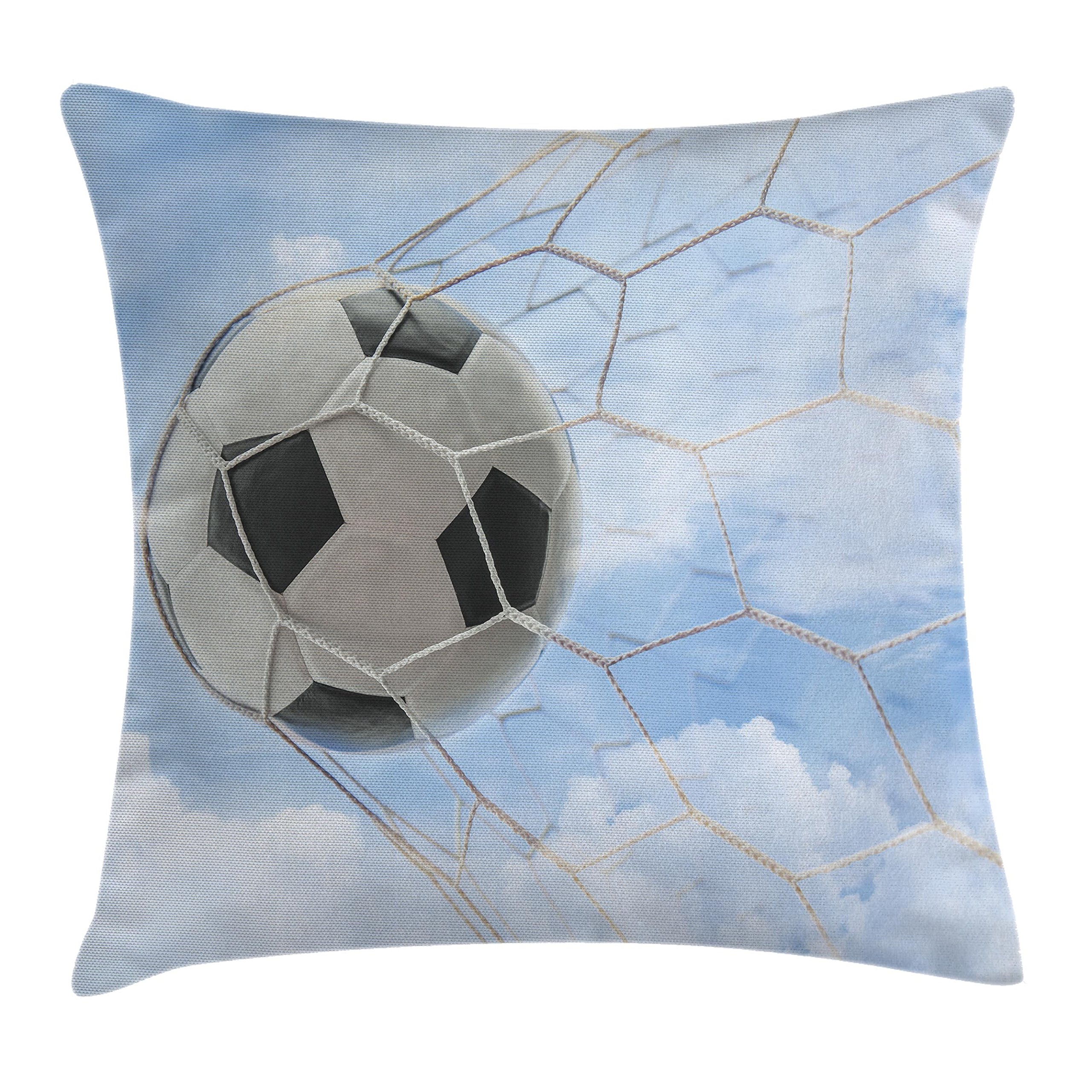 Lunarable Sports Throw Pillow Cushion Cover, Soccer Ball Goal with Cloudy Sky Summertime Outdoor Activities Sporting, Decorative Square Accent Pillow Case, 28