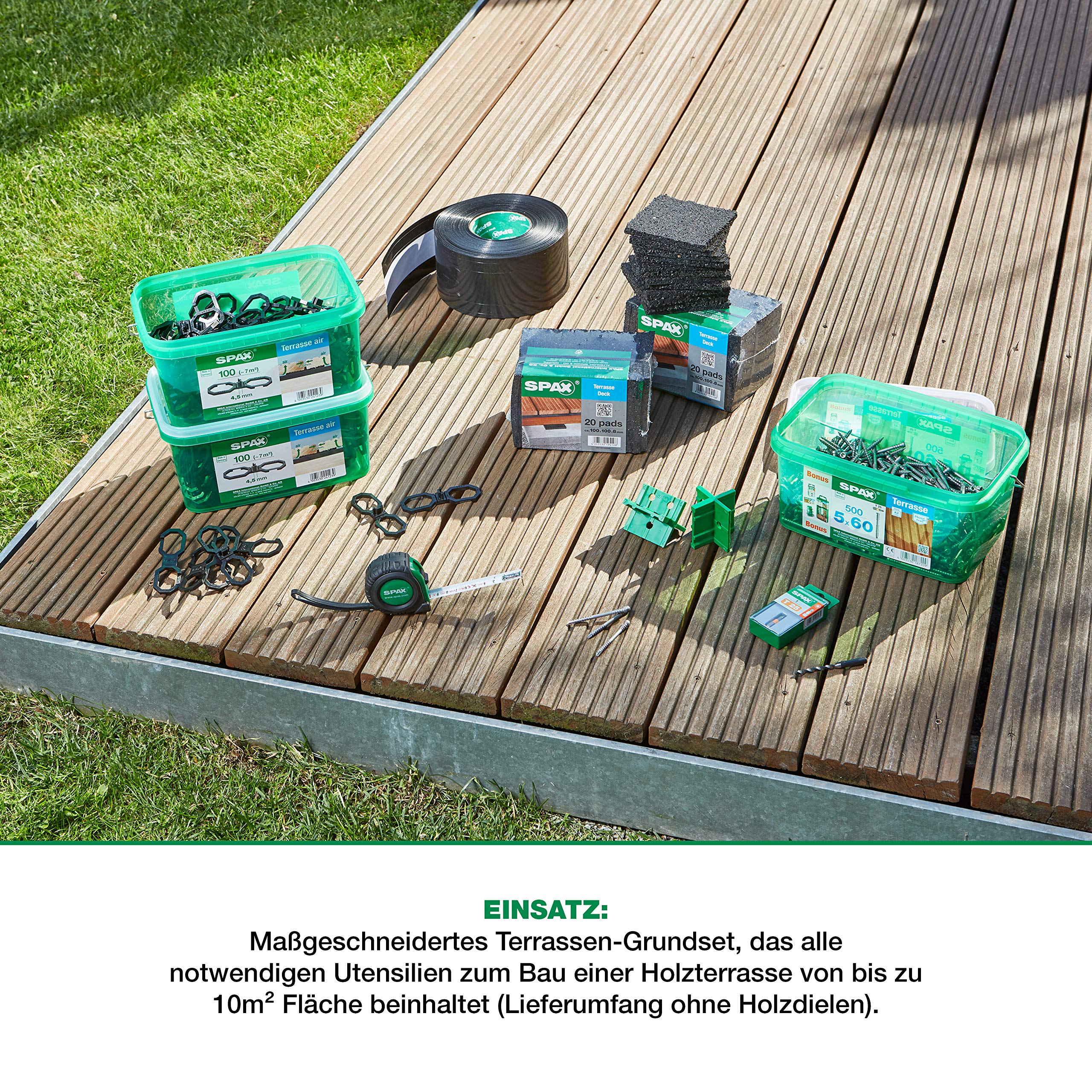 SPAX Terrassenbau-Set, komplettes Montageset – Größe bis ca. 10qm, Terrassenschrauben Edelstahl A2, Abstandshalter, Bit, Stufenbohrer, Fugenlehre, Tape, Pads & Maßband – 5000009100039
