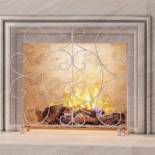 Kingson Cubierta de pantalla de chimenea de un solo panel hecho a mano, malla de hierro forjado macizo, resistente al calor, protector de chispas de