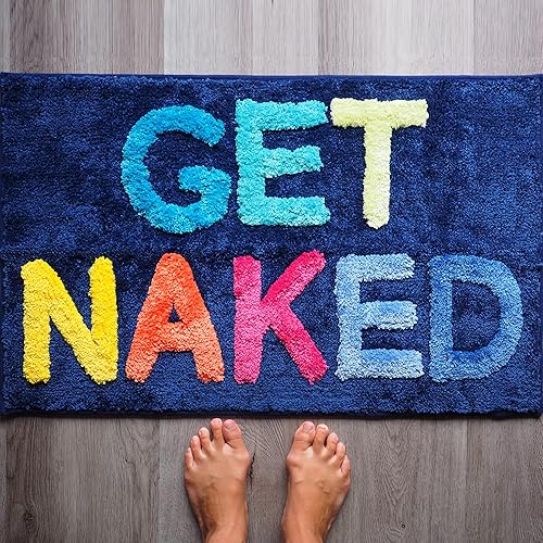 Evovee Alfombra de baño con texto en inglés Get Nake, divertida y bonita, color azul, arcoíris, multicolor, colorida para desnudarse, decoración de