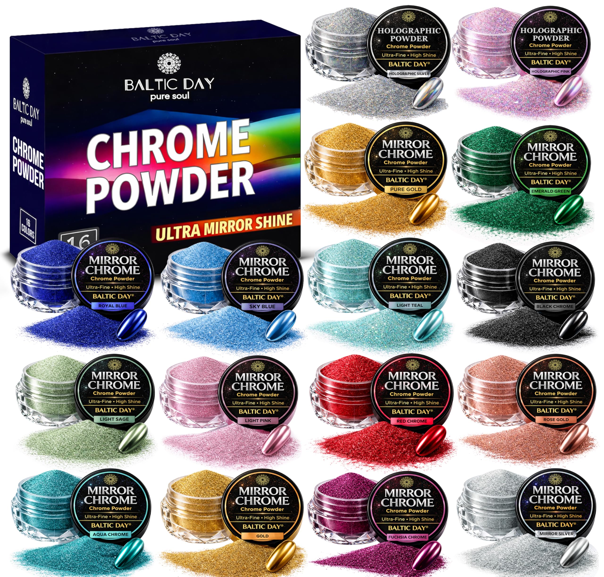 Photo 1 of 16 Colors Chrome & Holographic Nail Powder Set – Metallic Mirror Effect Pigments for Nail Art, Gel Polish, Acrylic, Dip Nails – Shimmer Powders for Resin Epoxy, Jewelry Making, Crafts & DIY Decoration