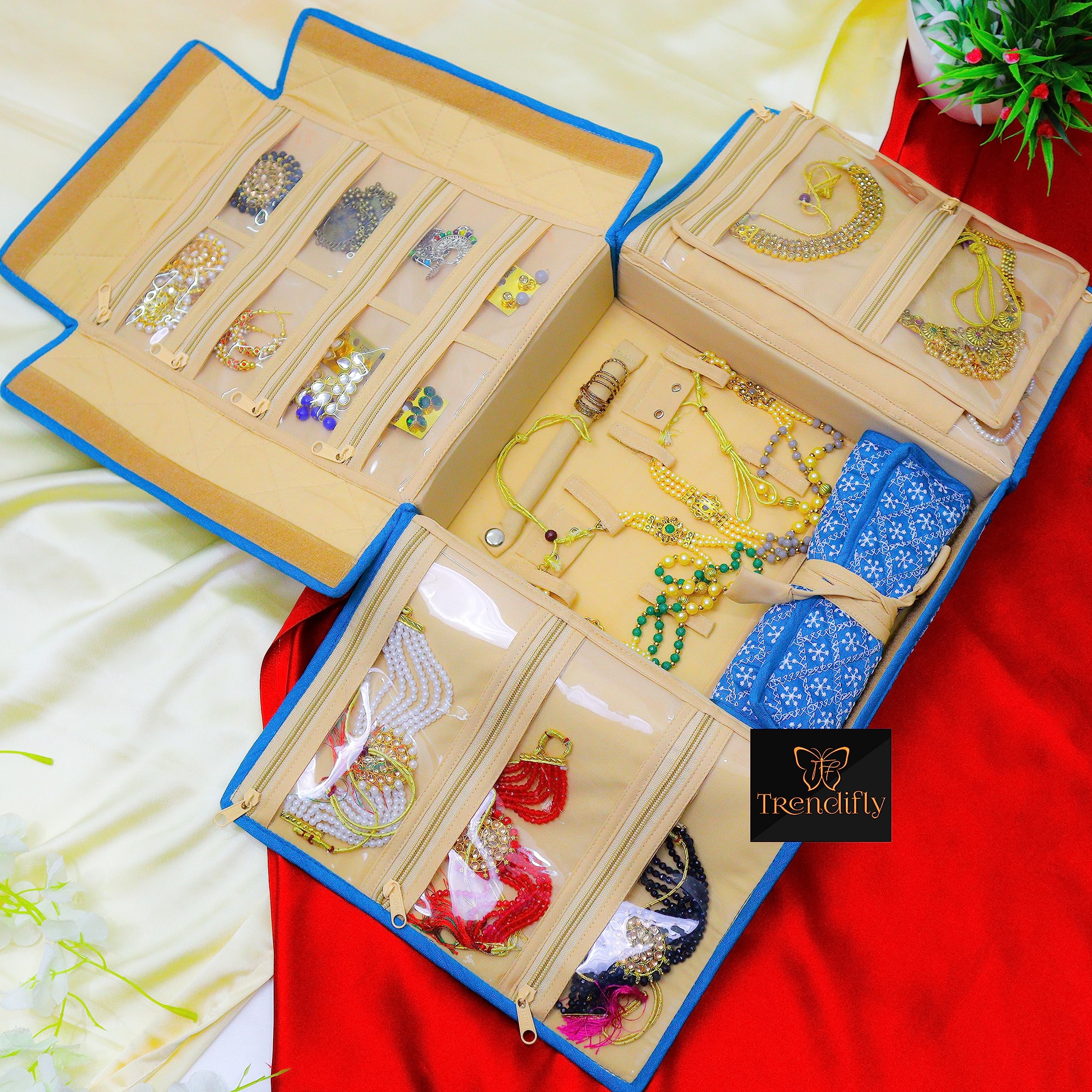 Trendifly silk Lucknowi Jewellery Organiser Box for women Necklace organizer pouches Travel Makeup Cosmetic Earrings Jewelry Storage box for Bridal Gifting (Sky Blue)
