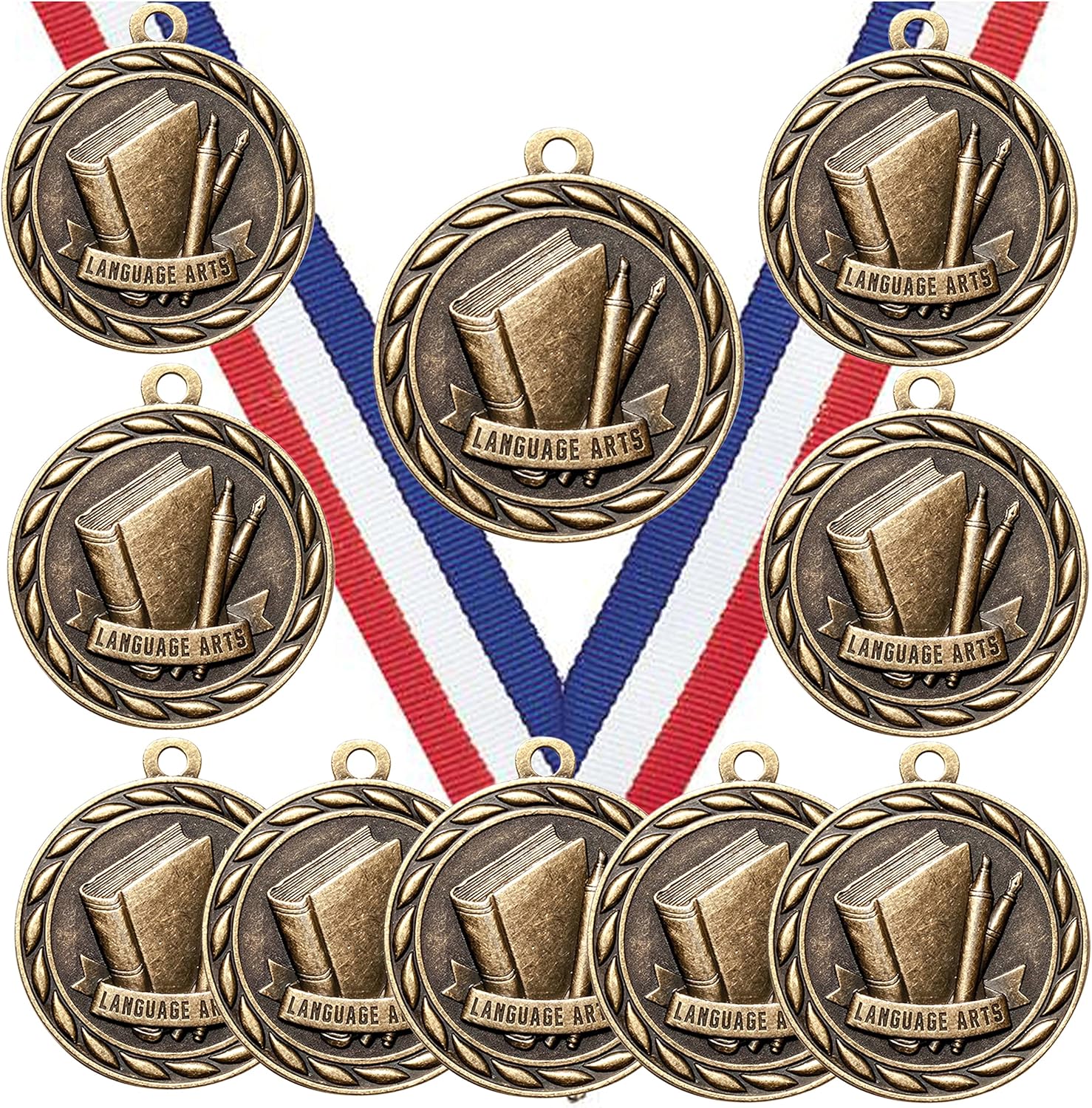Express Medals Pack of 10 (or More) 2 Inch Gold Language Arts Award Medals Variations with or Without Engraving Personalization Engraved Custom Text Names