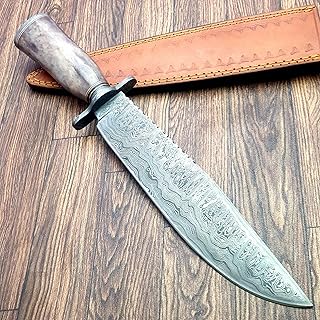 HK-42 Handmade Damascus Steel Knife for Hunting, Survival, Camping, Skinning, Bushcraft, Fixed Blade Full Tang Bone Handle, with Leather Sheath. - TZ KNIVES