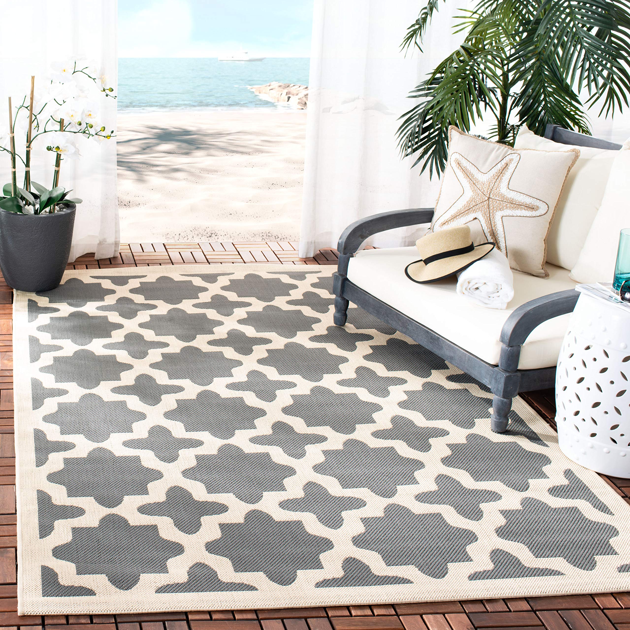 SAFAVIEH Courtyard Collection 8' x 11' Anthracite/Beige CY6913 Indoor/ Outdoor Splashproof Easy Scrubbing Patio Backyard Mudroom Area Rug
