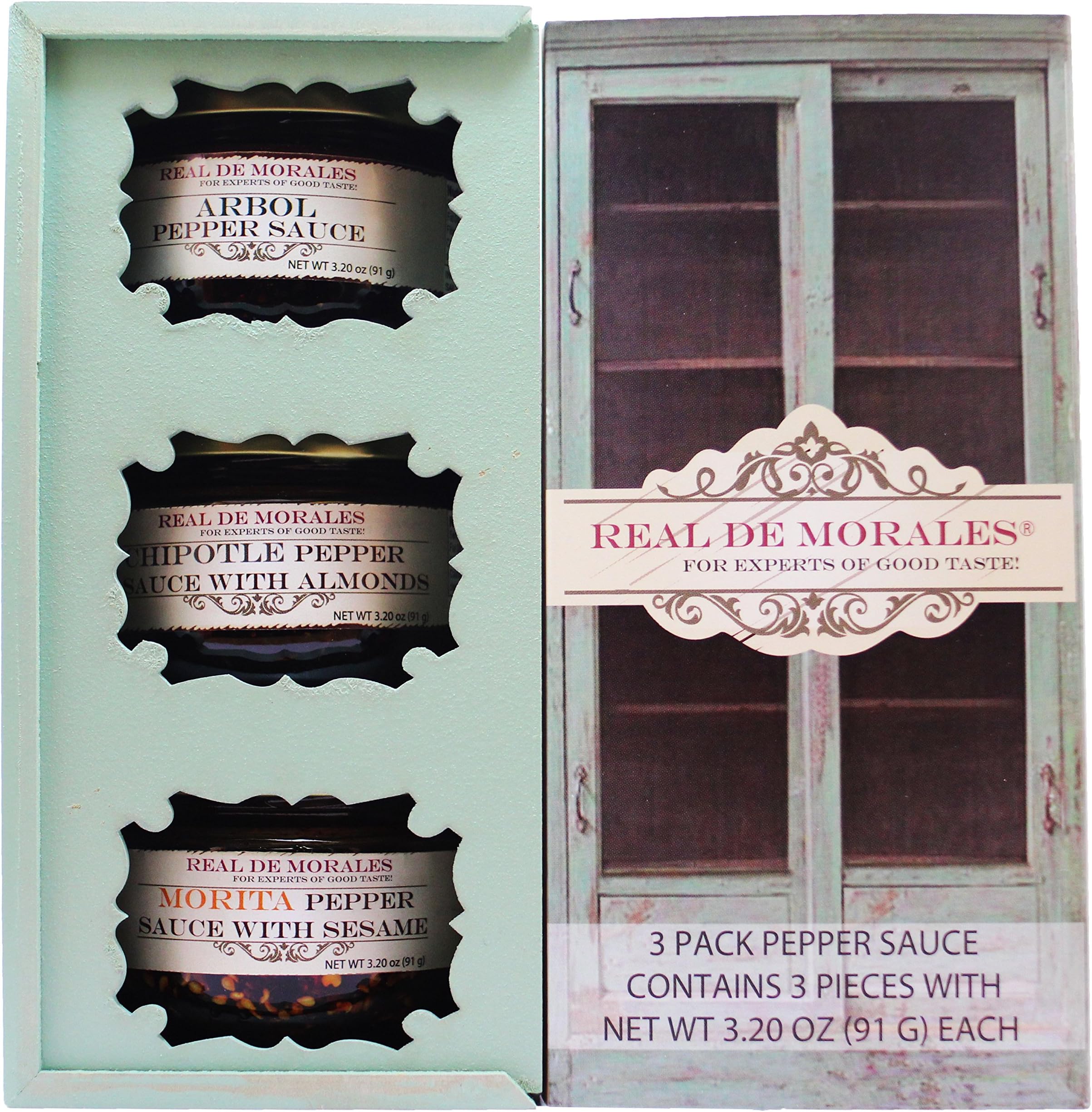 Real de Morales Chipotle Pepper Sauce with Almonds, Morita Pepper Sauce with Sesame, Arbol Pepper Sauce, 3 Count
