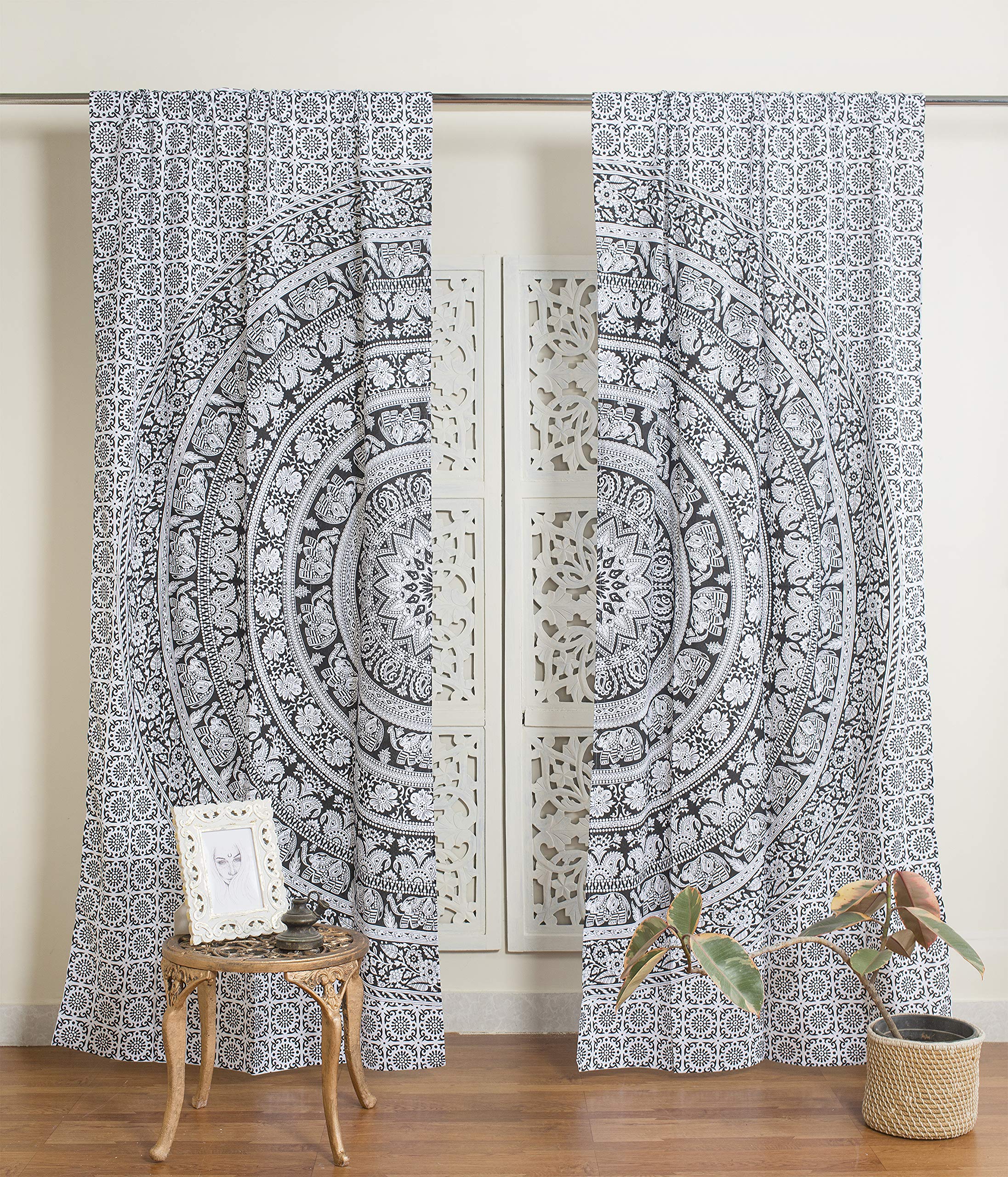 Popular Handicrafts Indian Hippie Bohemian Beautiful Elephant Mandala Curtain Panels Black and White - Image 3