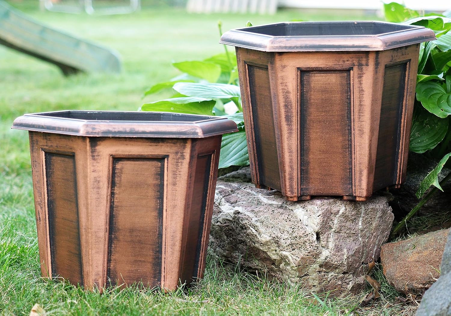 12" Rustic Hexagon Medieval Look (Set of 2 Planter + 2 Matching Trays) Flowerpot for Indoor Outdoor Garden Patio Office Home Decor (Copper-L)