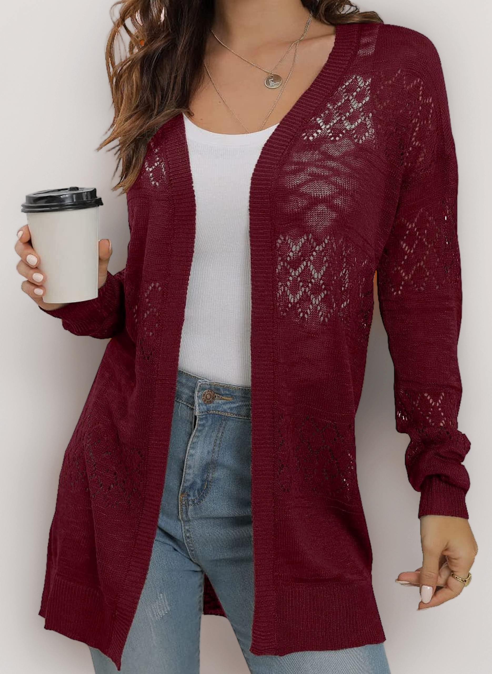 GRECERELLE Summer Cardigans for Women UK Lightweight Lace Hollow Out Knit Soft Long Sleeve Open Front Beach Coverups Ladies Solid Color Sun Protection