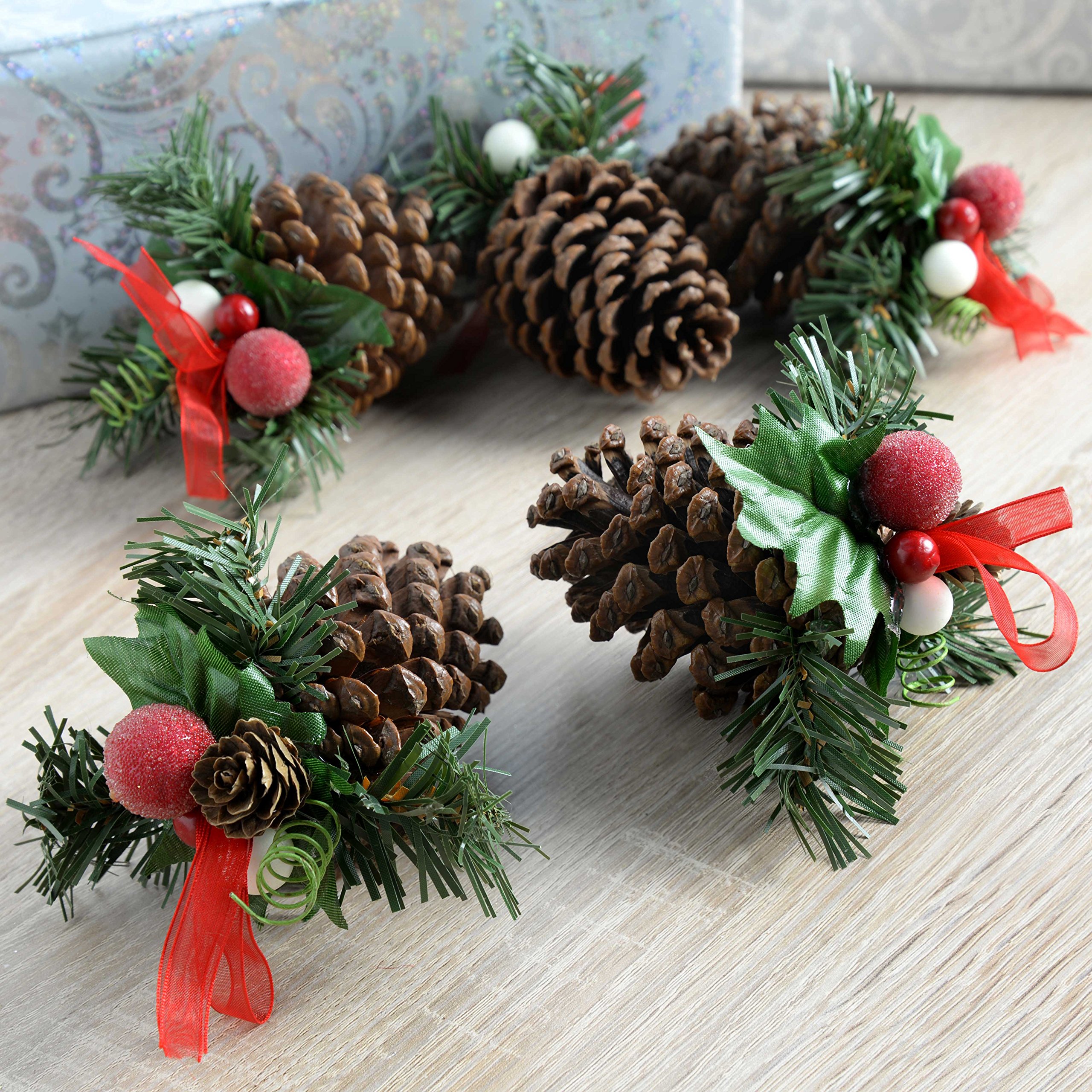 WeRChristmas Decorated Pine Cone Christmas Decoration - Natural/Red, Pack of 5 - Image 3
