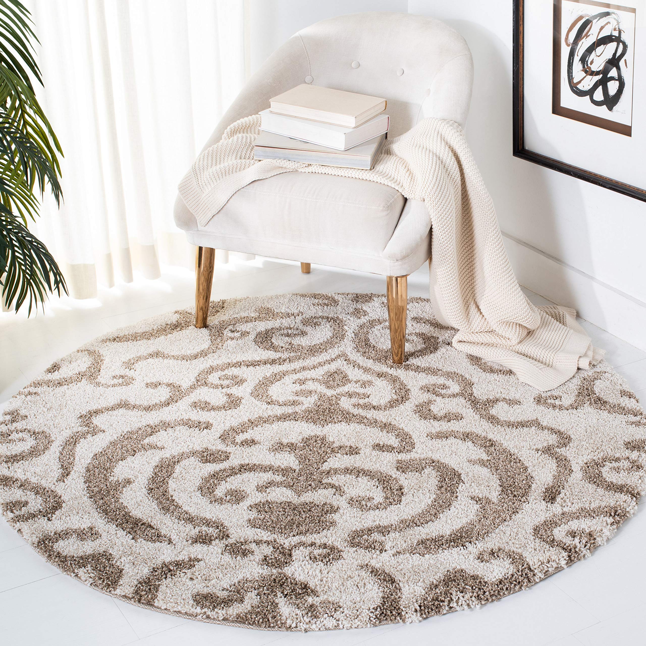 SAFAVIEH Florida Shag Collection 4' Round Cream/Beige SG462 Damask Non-Shedding Living Room Bedroom Dining Room Entryway Plush 1.2-inch Thick Area Rug