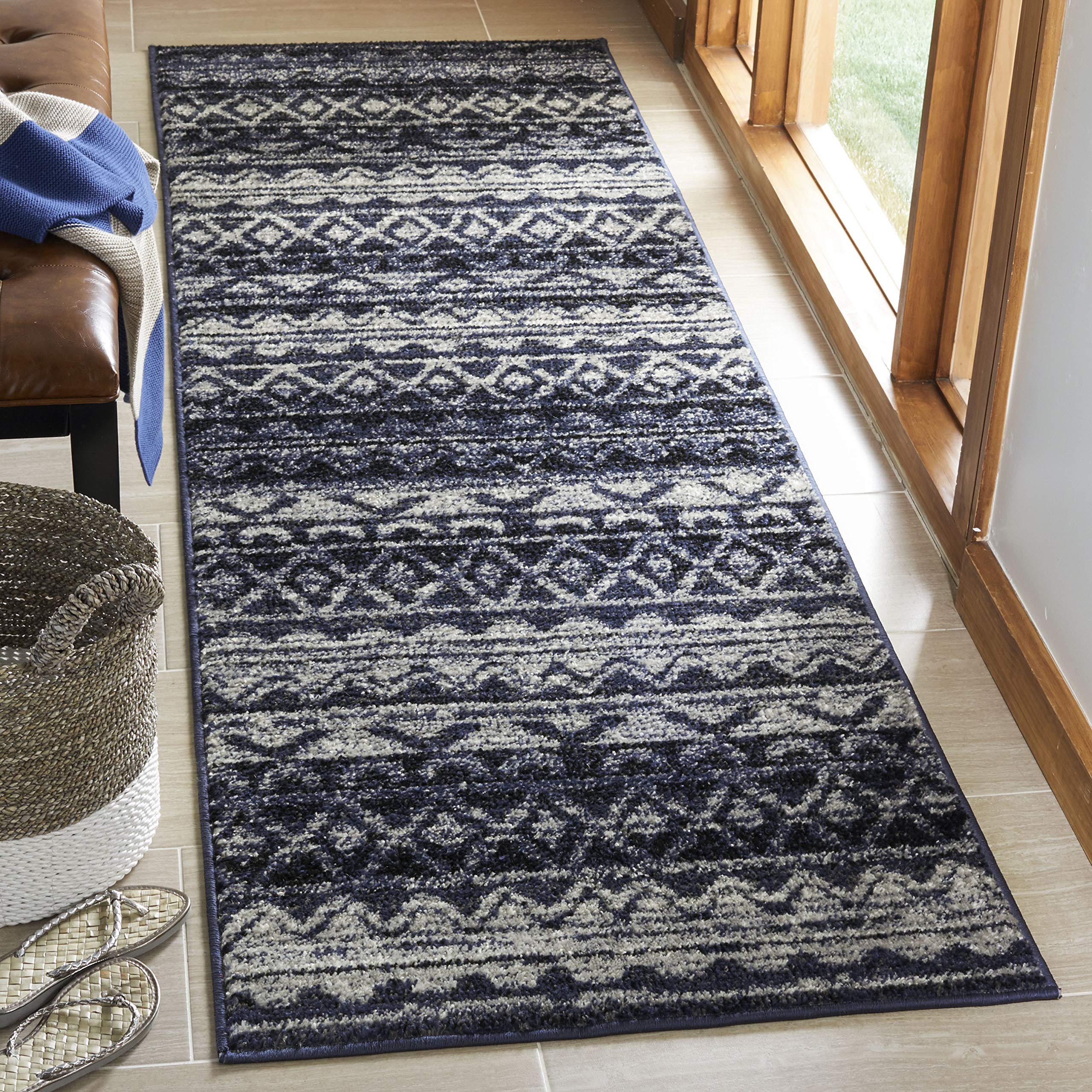 SAFAVIEH Adirondack Collection Runner Rug - 2'6" x 6', Ivory & Navy, Moroccan Boho Distressed Design, Non-Shedding & Easy Care, Ideal for High Traffic