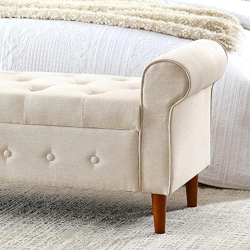 Miniatura 13 de HMFULE Taburete rectangular de almacenamiento multifuncional de 63 pulgadas, patas de madera maciza, banco tapizado de terciopelo con 1 almohada