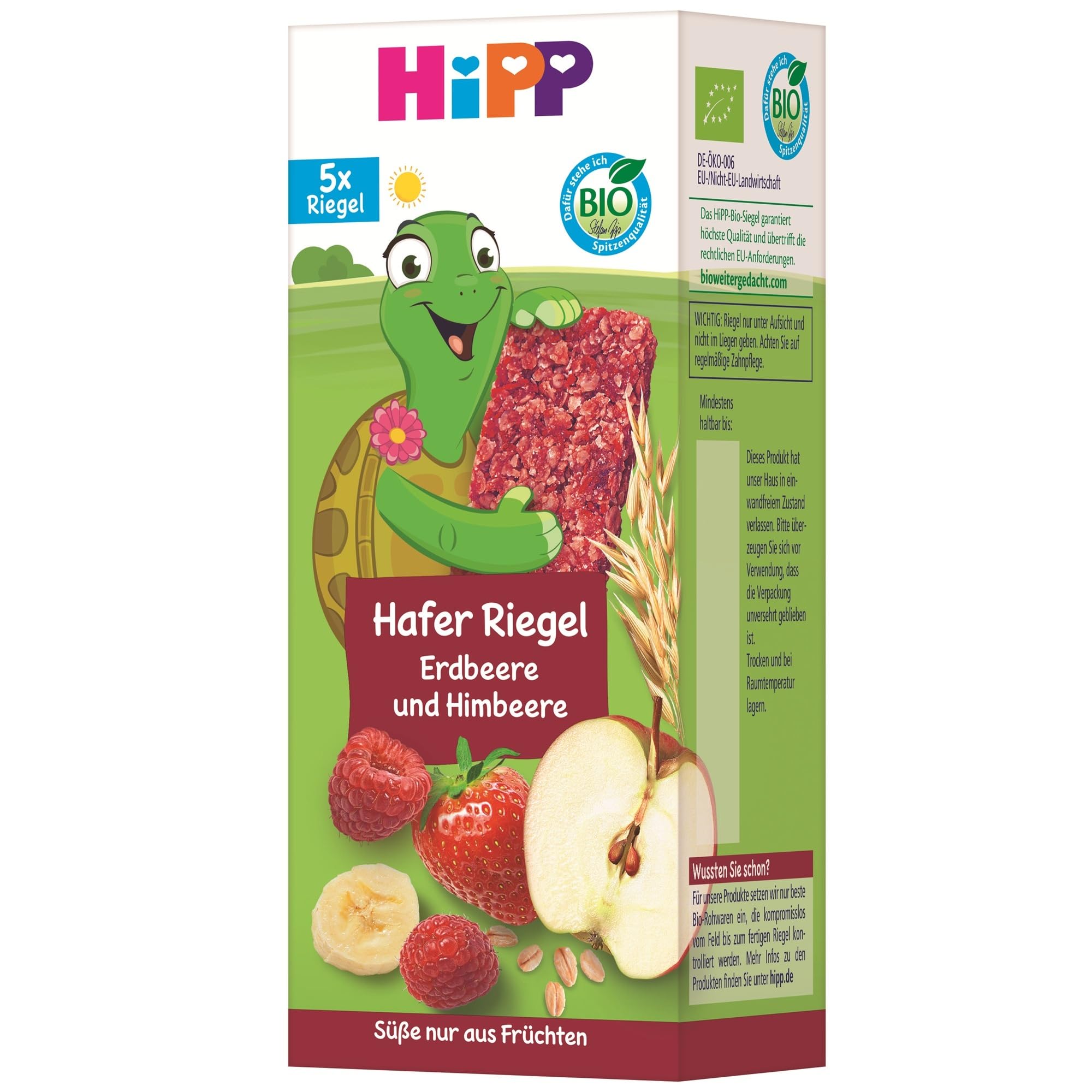 HiPP Schildkröte Hafer Riegel Erdbeere-Himbeere, (8er Pack mit je 5 x 20g), Süße nur aus Früchten, in bester Bio-Qualität