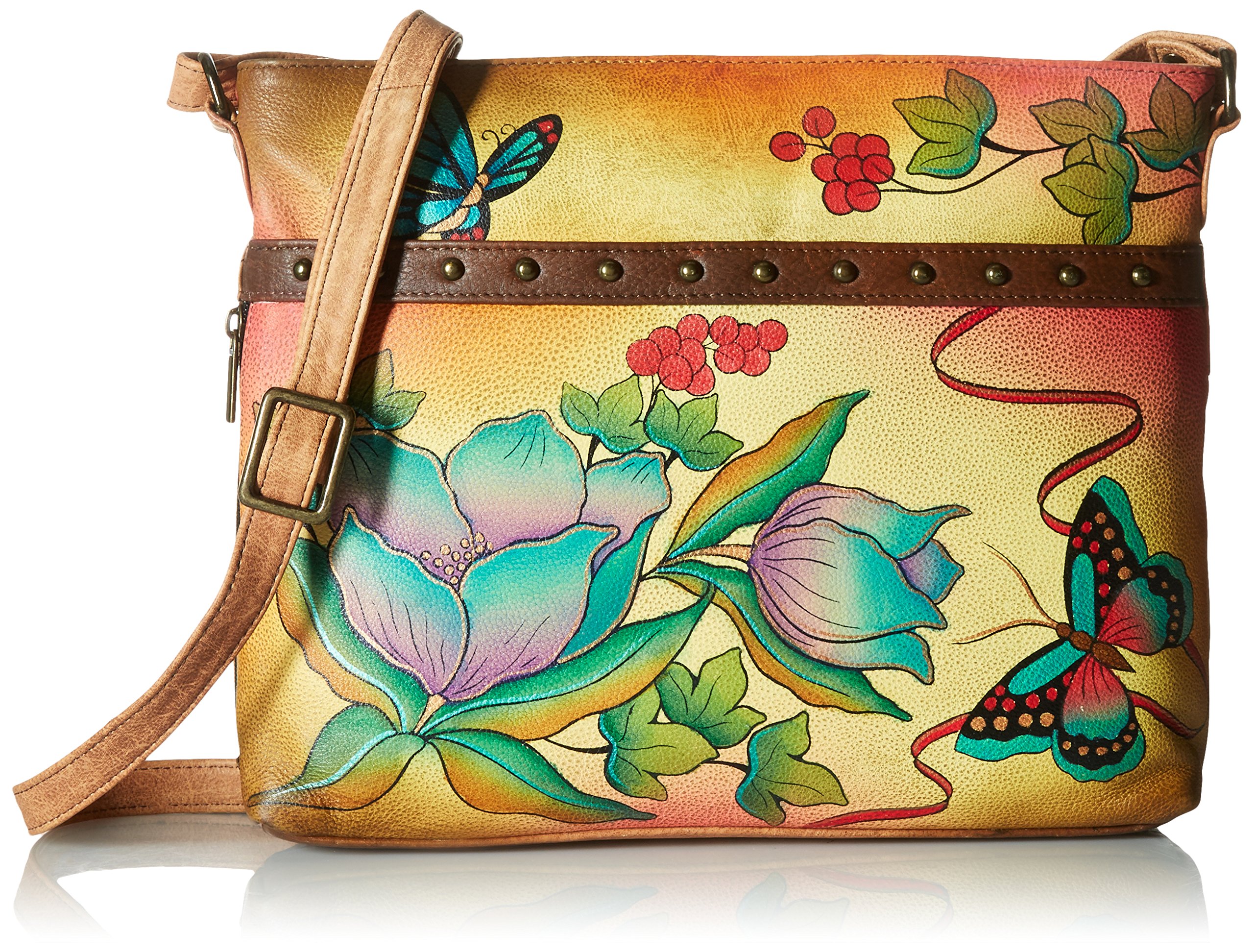 Anuschka Anna by Organizador de Piel Pintada a Mano, diseño de Flores, Bandolera, Bolso para Mujer