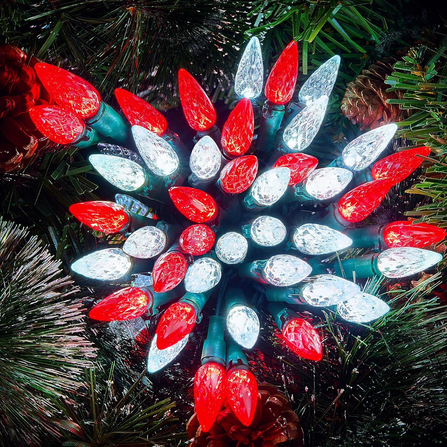 Joiedomi C6 Red & White Christmas Lights, 100 LED Steady On Strawberry Lights, 33.66 FT Connectable Christmas String Lights for Indoor Outdoor Party Home Yard Xmas Tree House Decorations, Green Wire Red & White 100ct