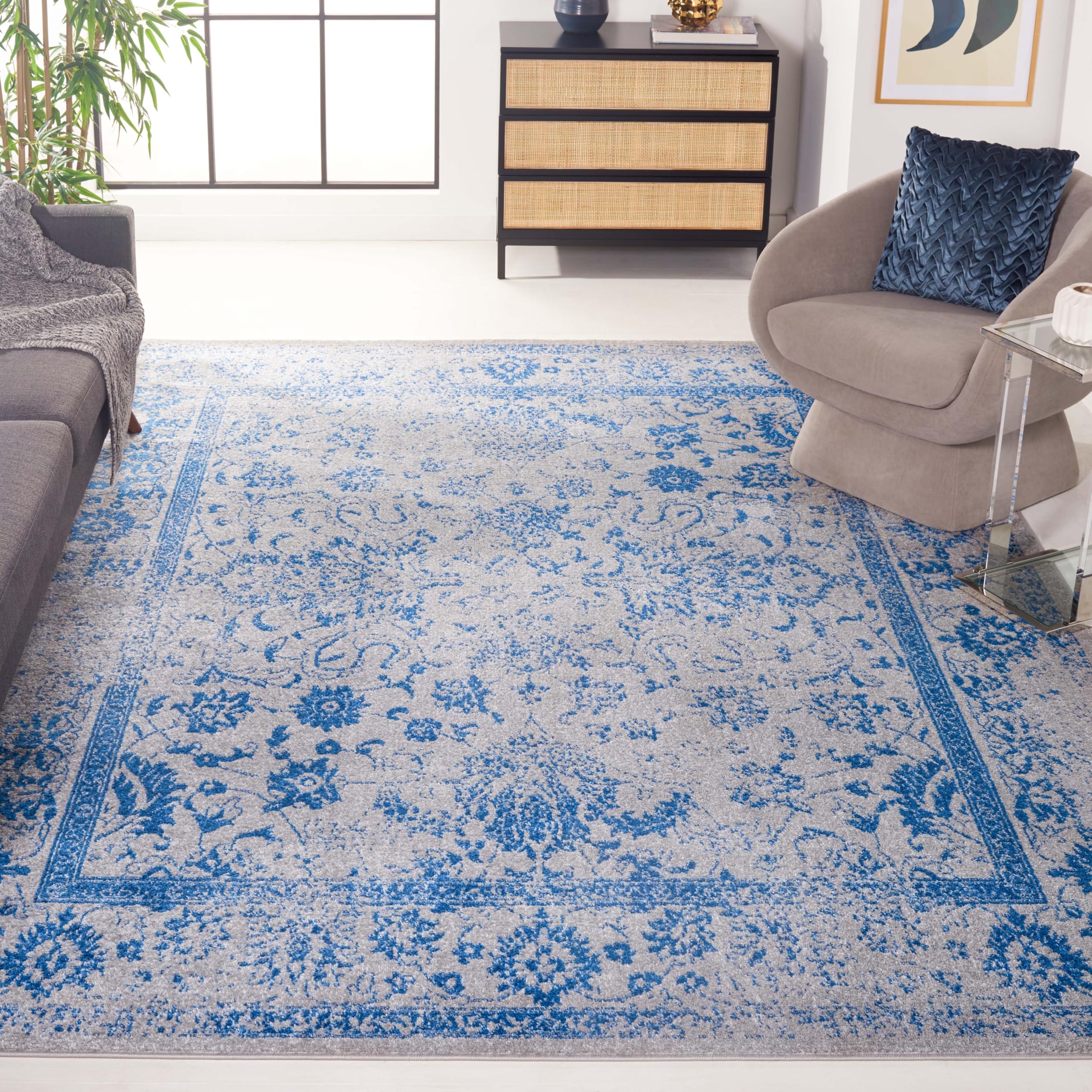 SAFAVIEH Area Rug 8x10 - Adirondack Collection - Large - Grey & Blue, Distressed Vintage Floral Design, Non-Shedding & Easy Cleaning, Ideal for Living