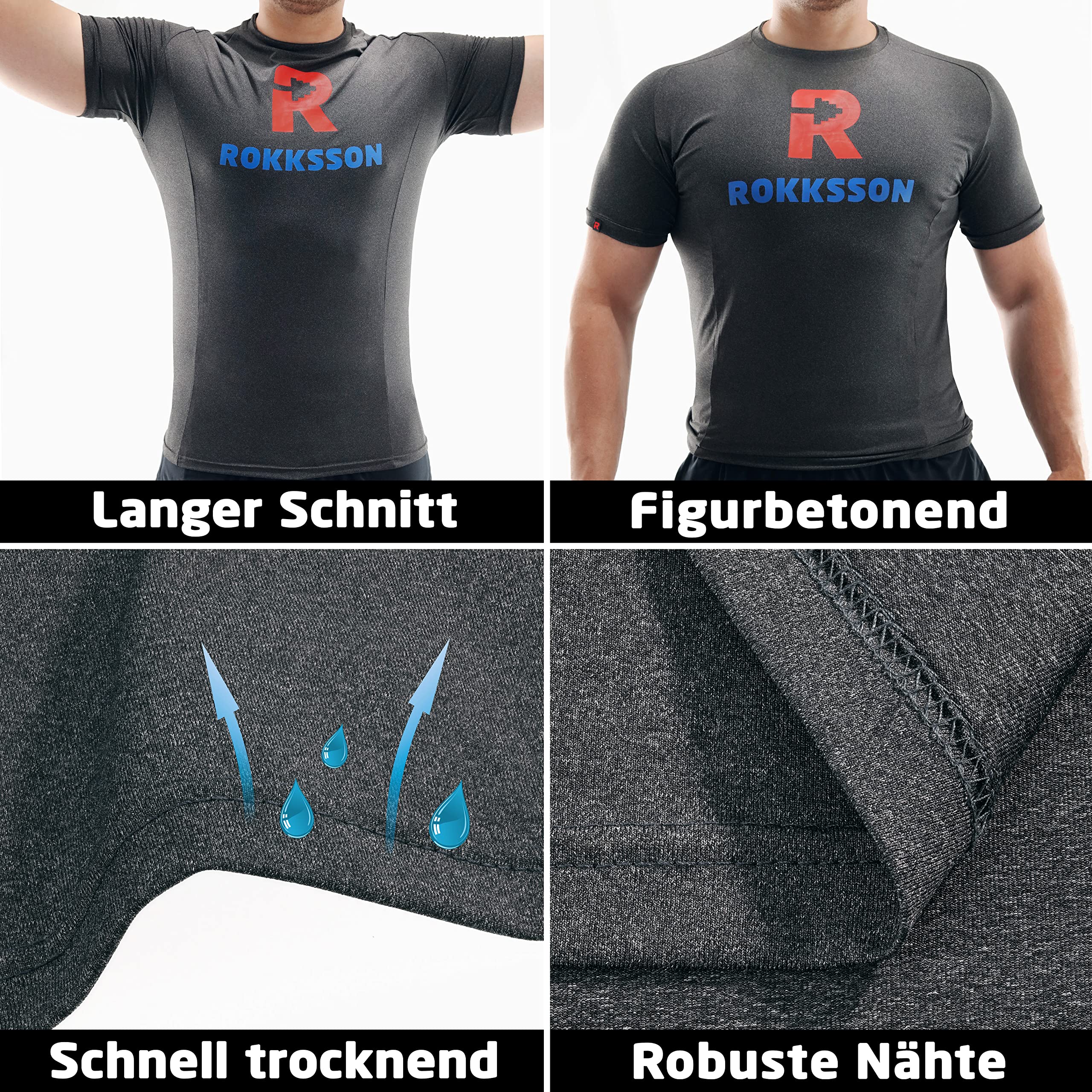 Maglietta fitness da uomo a maniche corte, slim fit, per bodybuilding, crossfit, allenamento e allenamento, traspirante e ad asciugatura rapida, 88% poliestere, 12% elastan, grigio scuro