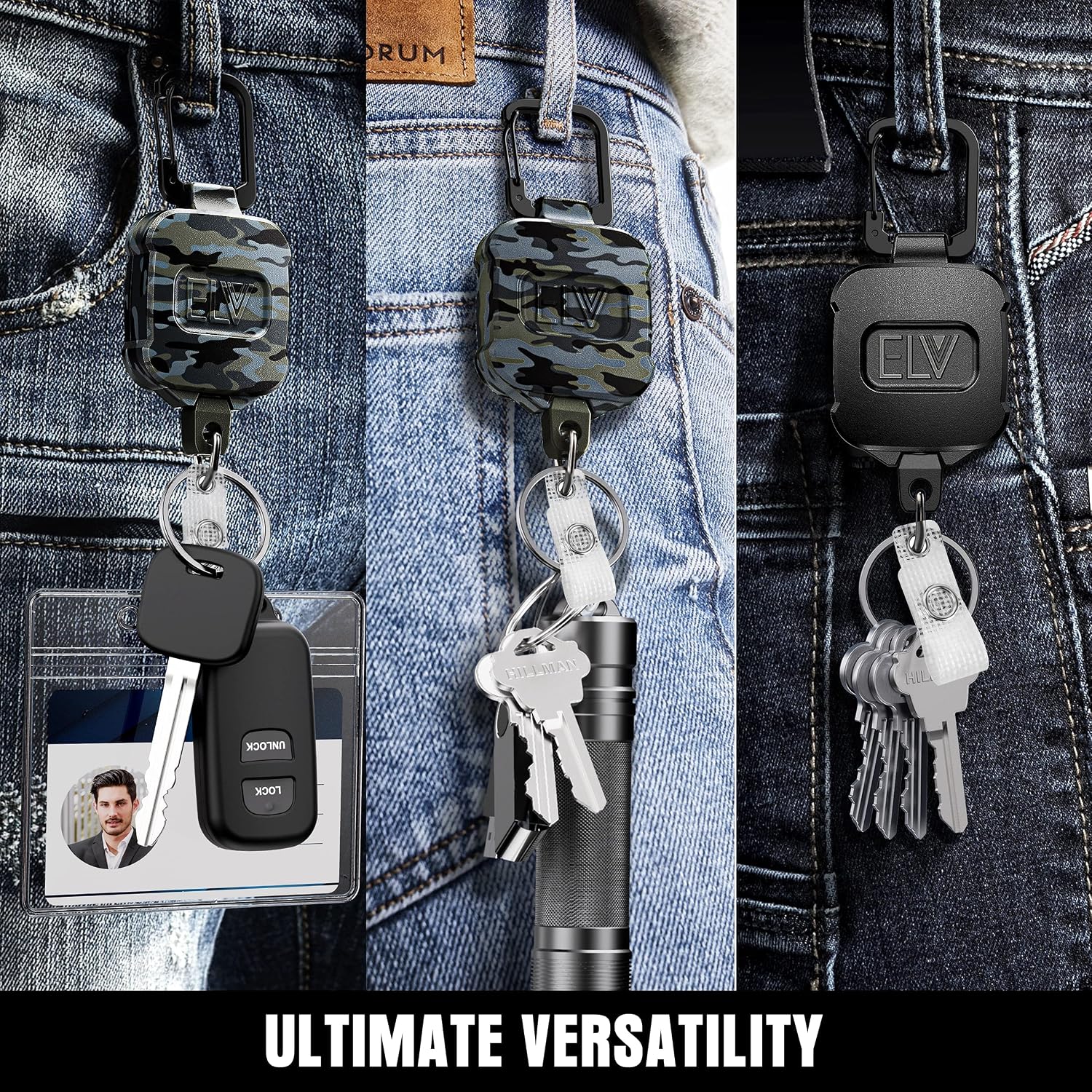 2 Pack ELV Self Retractable ID Badge Holder Key Reel, Heavy Duty, 32 Inches Cord, Carabiner Key Chain, Retractable Keychain Key Holder, Hold Up to 15 Keys and Tools (Black with Camouflage)