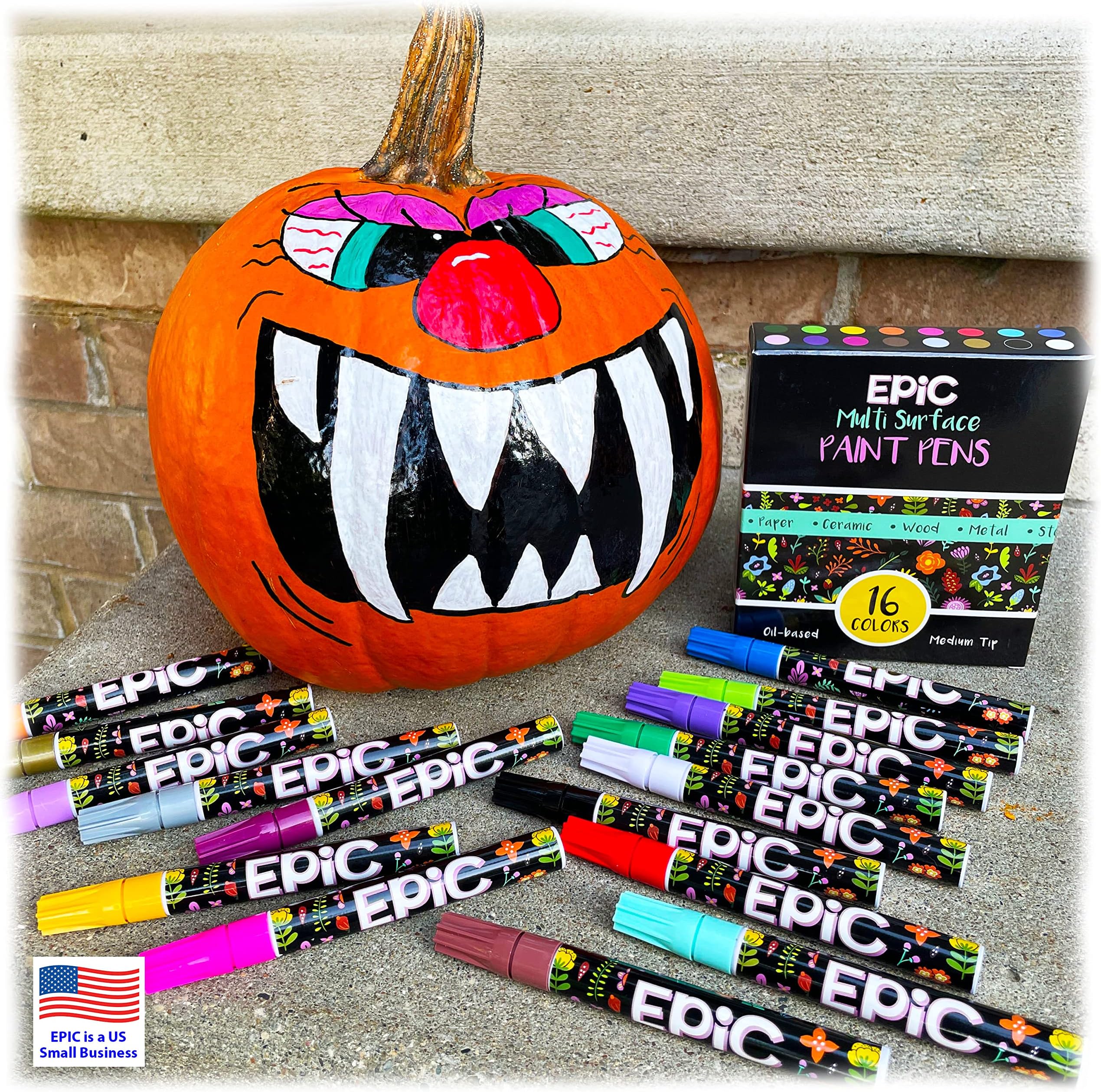 Epic Oil Based Paint Markers Set - 16 Opaque Colors, Medium Tip, Permanent Multi-Surface Paint Pens for Rocks, Wood, Glass, Metal, Fabric, Canvas & DIY Crafts