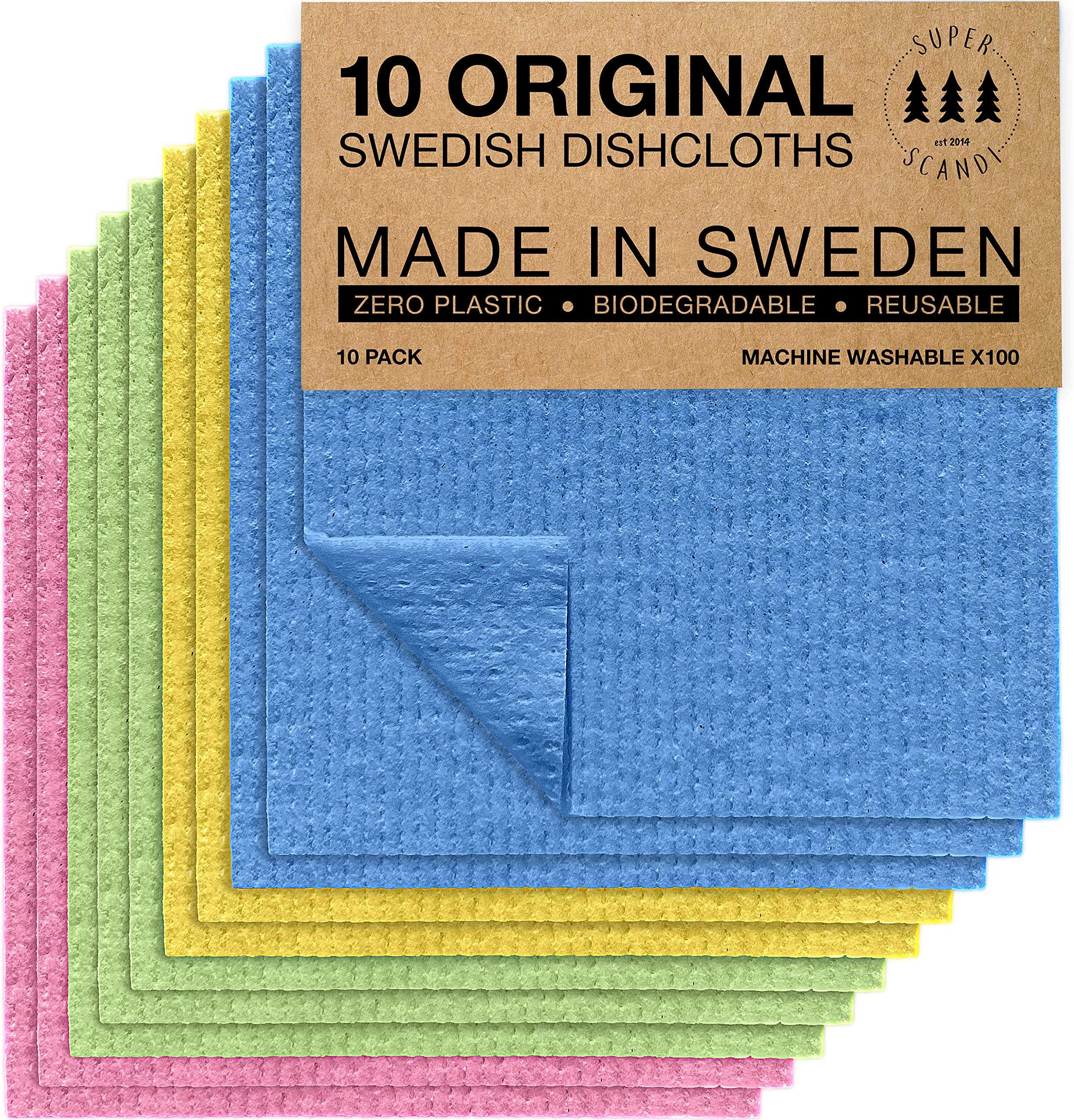 SUPERSCANDI 10 Pack Reusable Cleaning Cloths - 100% Biodegradable & Compostable | Washable Swedish Dishcloth - Food-Safe & Plastic-Free | Kitchen Cloth Suitable for Any Surface, Pink Green Blue