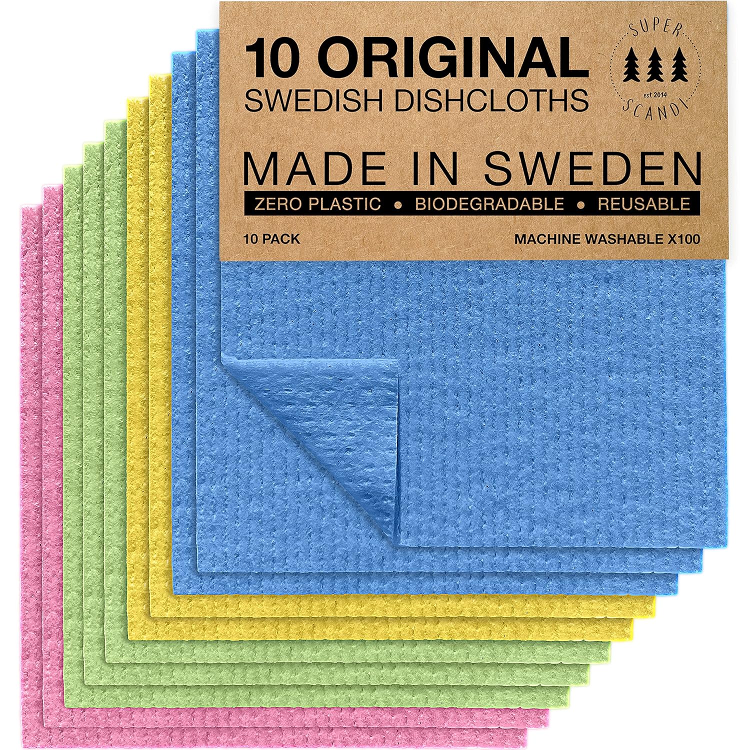 SUPERSCANDI 10 Pack Reusable Cleaning Cloths - 100 Biodegradable Compostable Washable Swedish Dishcloth - Food-Safe Plastic-Free Kitchen Cloth