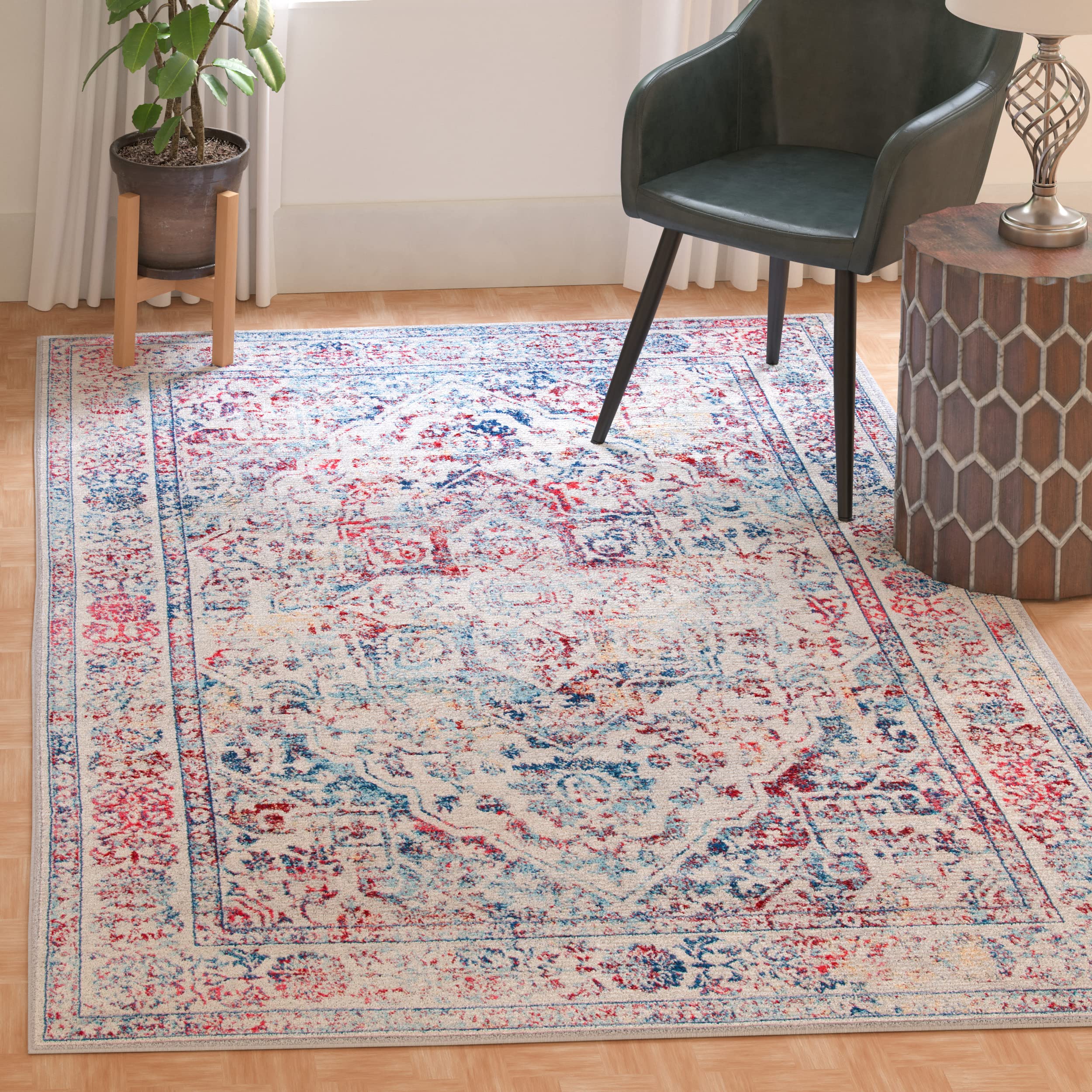 SAFAVIEH Brentwood Collection 3' x 5' Ivory/Blue BNT832B Medallion Distressed Non-Shedding Living Room Bedroom Accent Rug