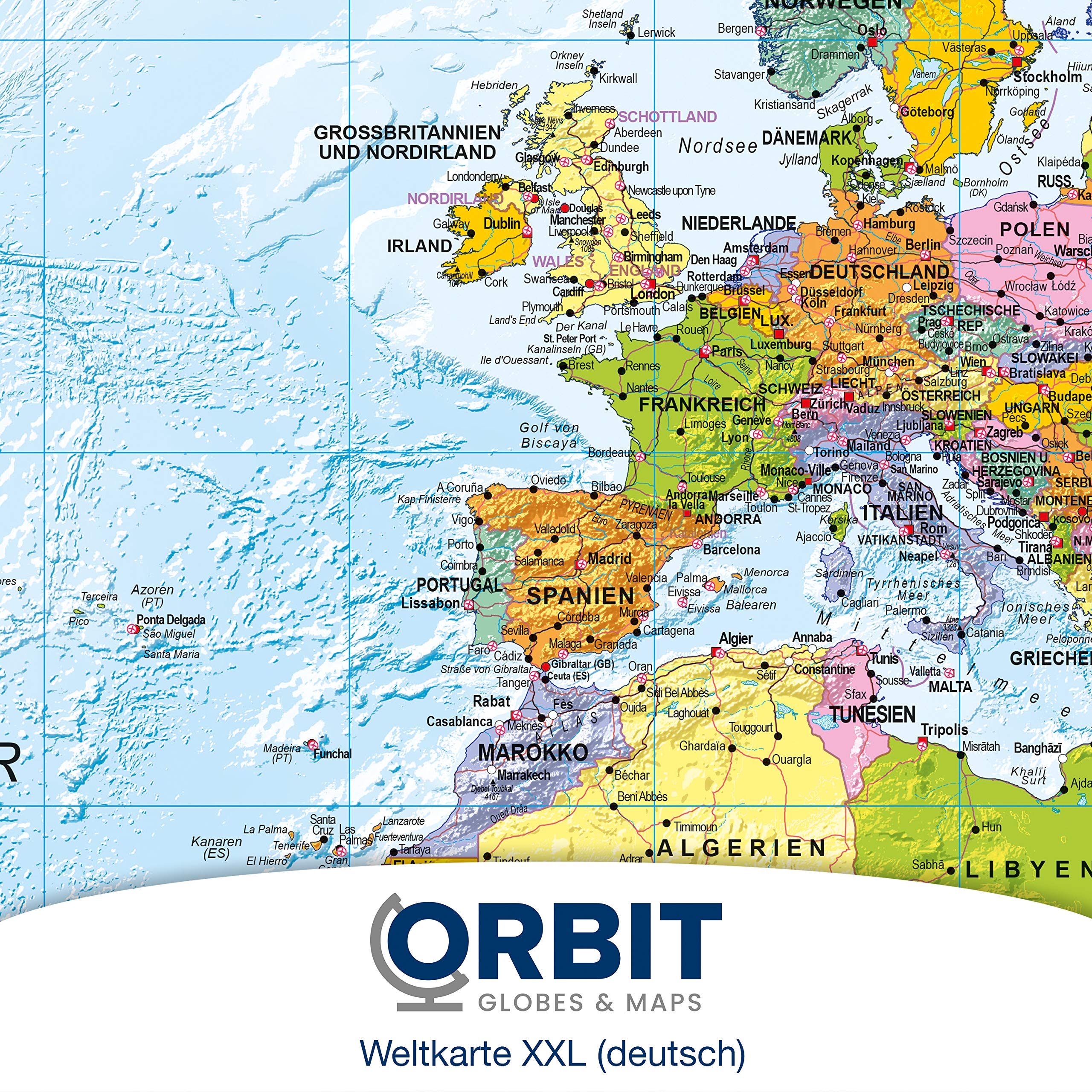 ORBIT Globes & Maps - Weltkarte XXL - Top-Aktuell 2026, deutsch, 136 x 96 cm, Maßstab 1:30 Mio mit seidenmattem Schutzlack inkl. Flaggenleiste