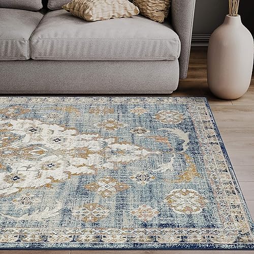 Miniatura 2 de Abani Alfombra tradicional azul y beige de 5 pies 3 pulgadas x 7 pies 6 pulgadas, colección Oporto, alfombras de estilo vintage