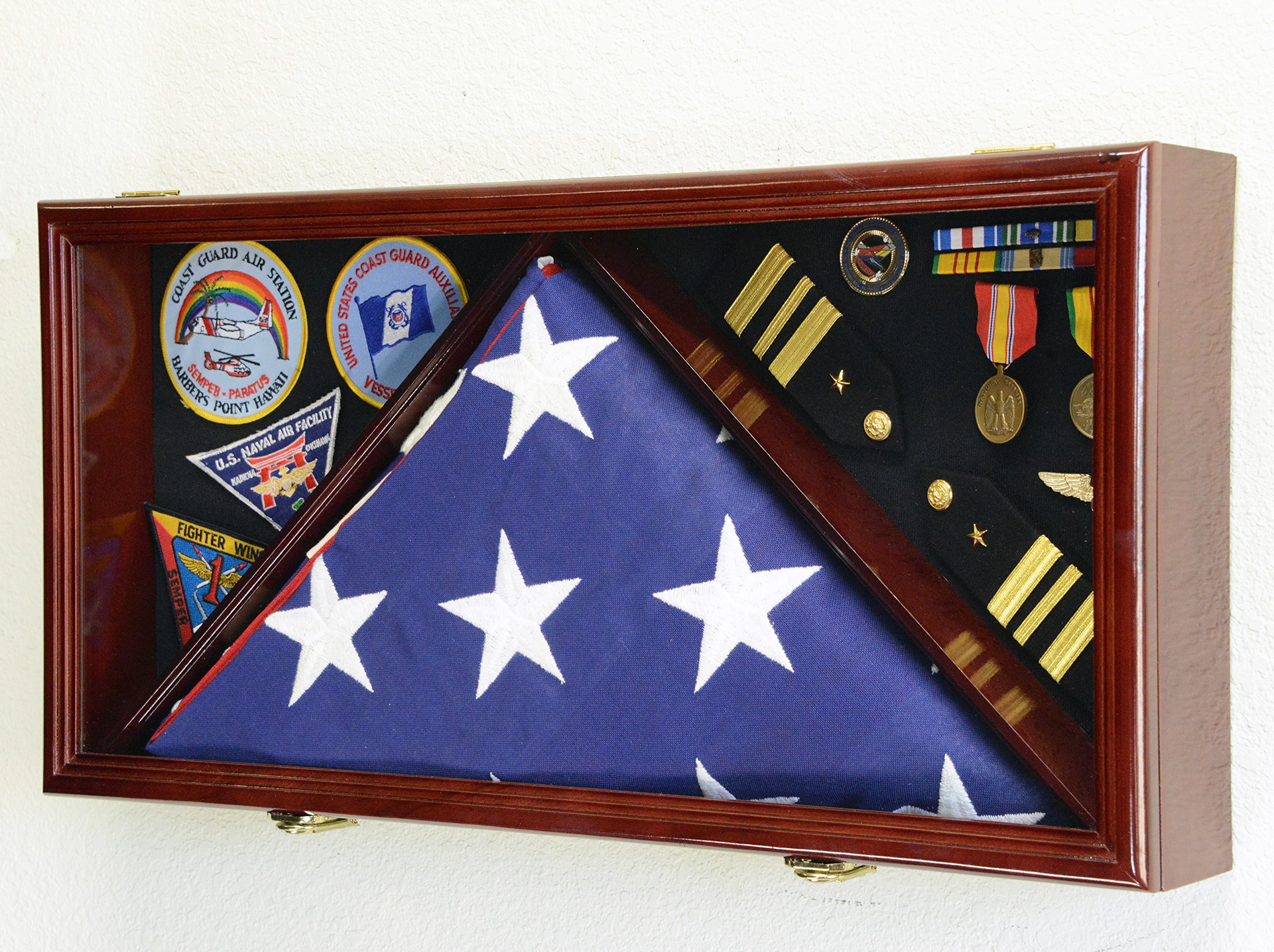 Large Flag & Medals Military Pins Patches Insignia Holds up to 5x9 Flag Display Case Frame Cabinet Shadowbox (Cherry Finish)