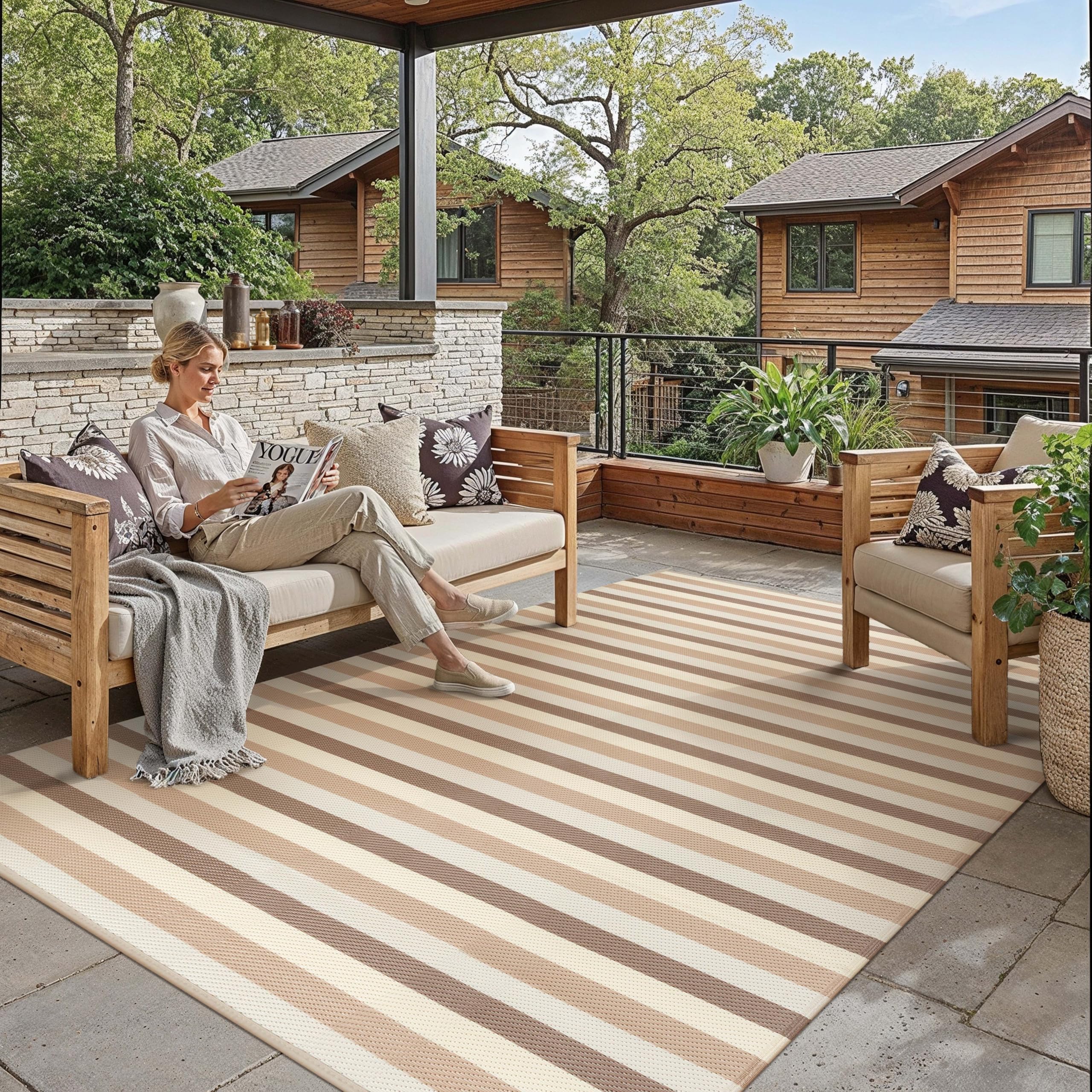 PureCozy 6x9 Outdoor Rug Beige Brown Striped