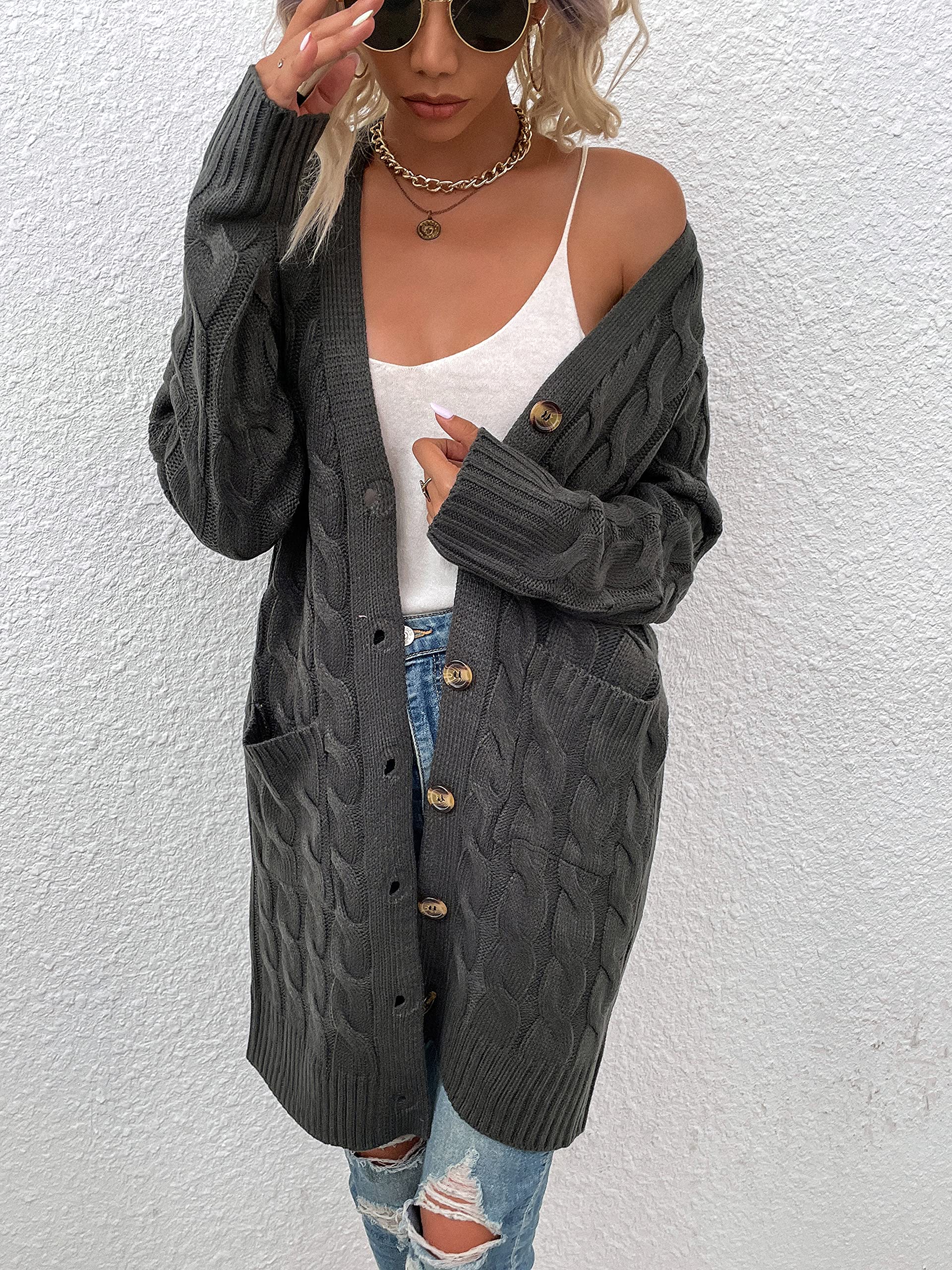 Damen Strickjacke Lang Cardigan mit Taschen Strickmantel Langarm Knopfleiste Knit Cardigan Open Front Herbst Winter Strick Mantel
