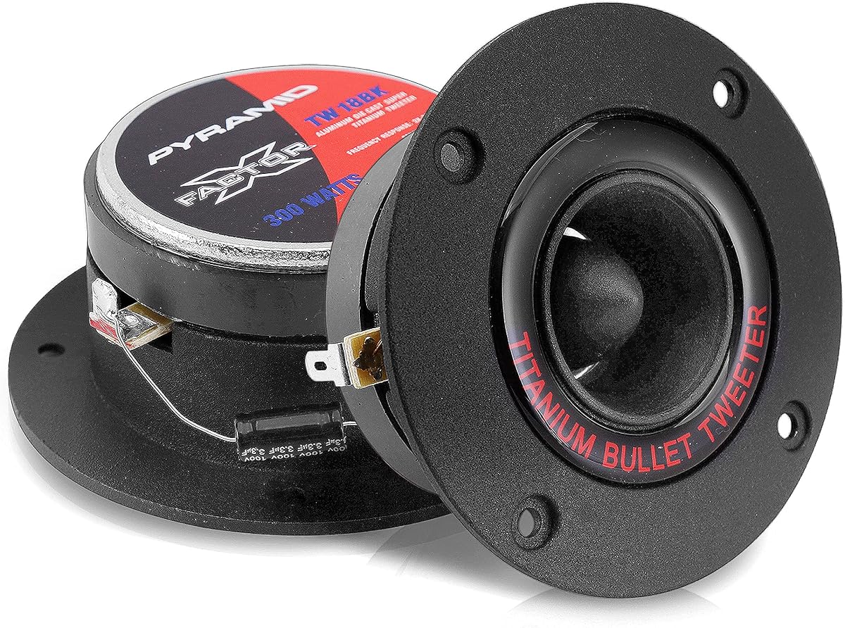 Pyramid 1” Audio Car Tweeter Speaker - 3.25” Bullet Horn Aluminum Die-Cast Titanium Dome, 300 Watt Peak, 2k-25kHz Frequency Response, 4 to 8 Ohm, Heavy Duty 20 oz. Magnet Structure - 1 Pair TW18BK,BLACK/RED