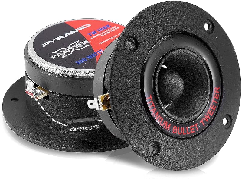 Pyramid 1” Audio Car Tweeter Speaker - 3.25” Bullet Horn Aluminum Die-Cast Titanium Dome, 300 Watt Peak, 2k-25kHz Frequency Response, 4 to 8 Ohm, Heavy Duty 20 oz. Magnet Structure - 1 Pair TW18BK,BLACK/RED