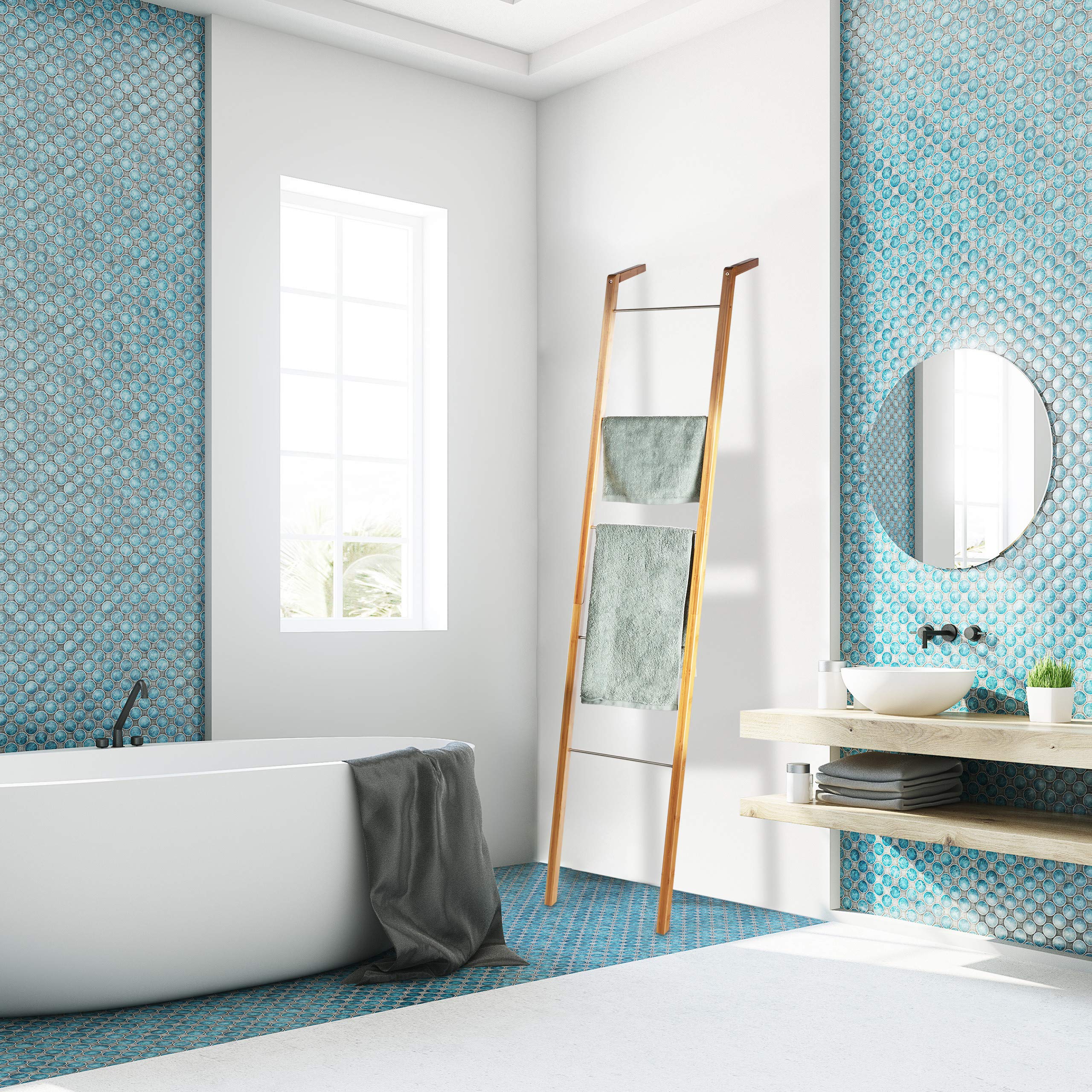 Relaxdays Portasciugamani a Scala, in Bambù, Bagno e Cucina, 5 Pioli, Appendiabiti e Teli, HxLxP: 180x35x20 cm, Naturale
