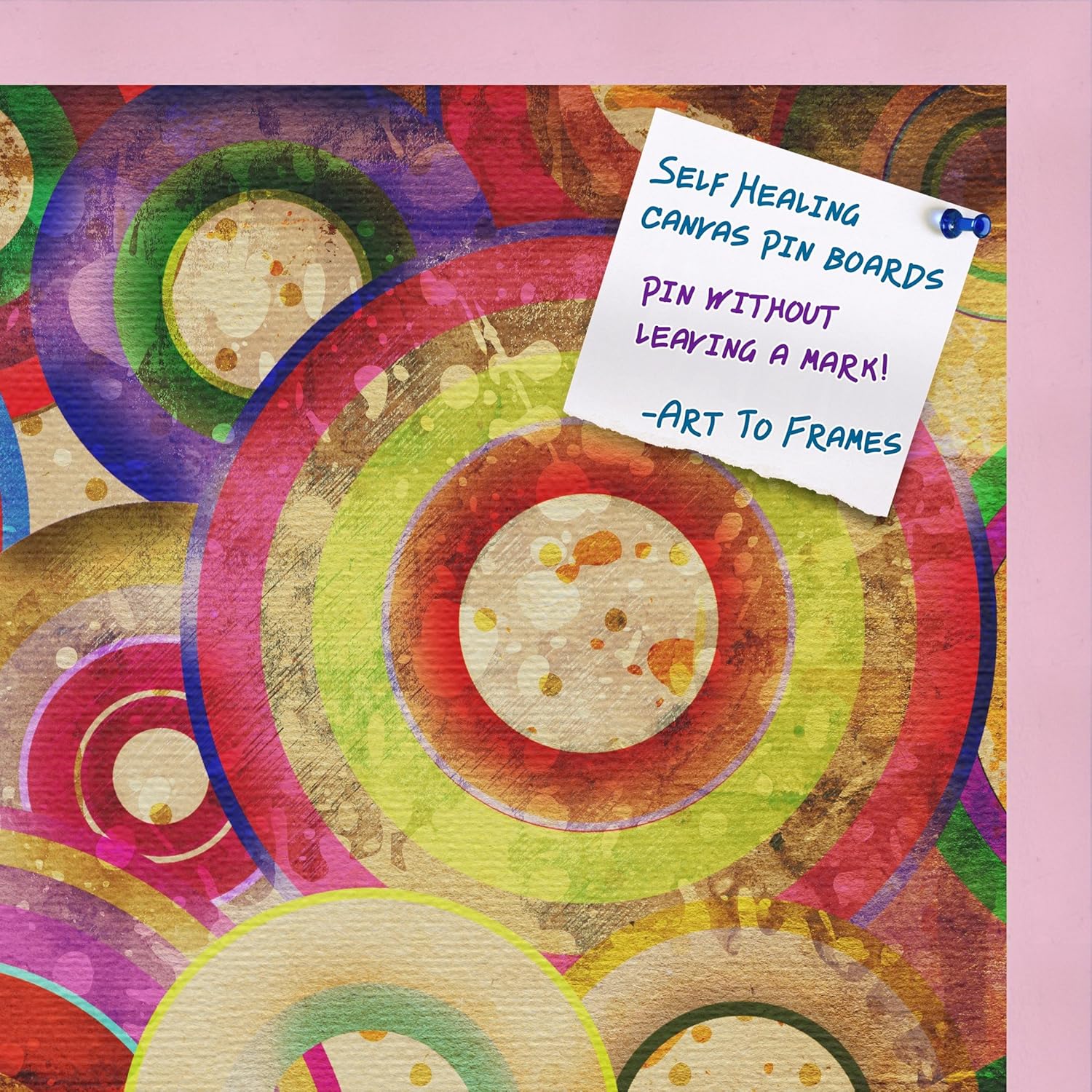 Decorative bulletin board made from self-healing canvas by PinPix, Psychedelic Retina Disc printed at 24x24 and framed in Baby Pink Stain on Beech