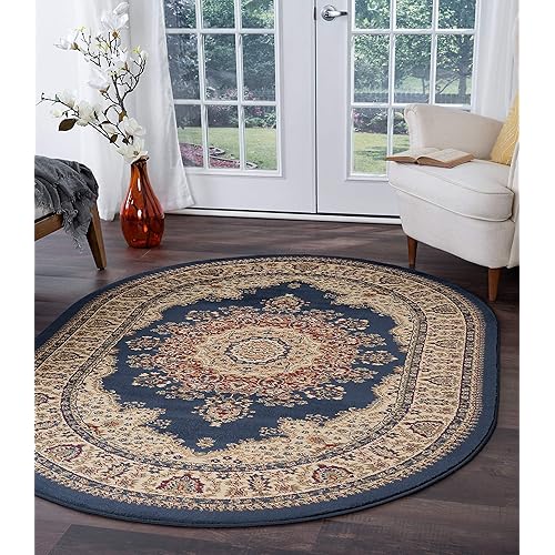 Fiona Traditional Oriental Navy Oval Area Rug, 5' x 7' Oval