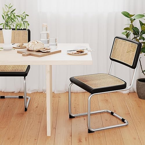 Juego de 2 sillas de comedor de ratán modernas de mediados de siglo con respaldo tejido de ratán natural y asiento, sillas laterales tapizadas sin
