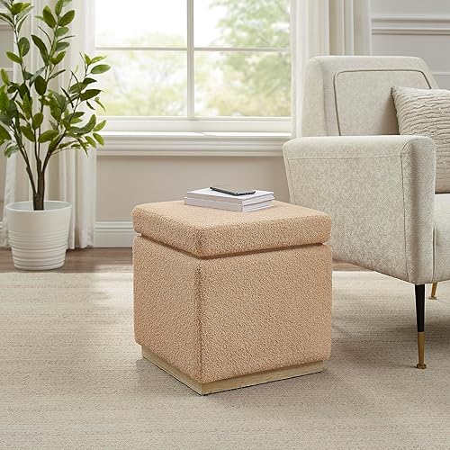 Miniatura 2 de Linon Tan Lexington Sherpa - Otomana cuadrada tapizada con decoración de madera de pino