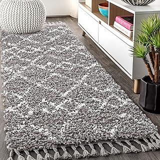JONATHAN Y Mercer Shag Plush Tassel Gray/Ivory Runner Rug, 2x8, Moroccan...