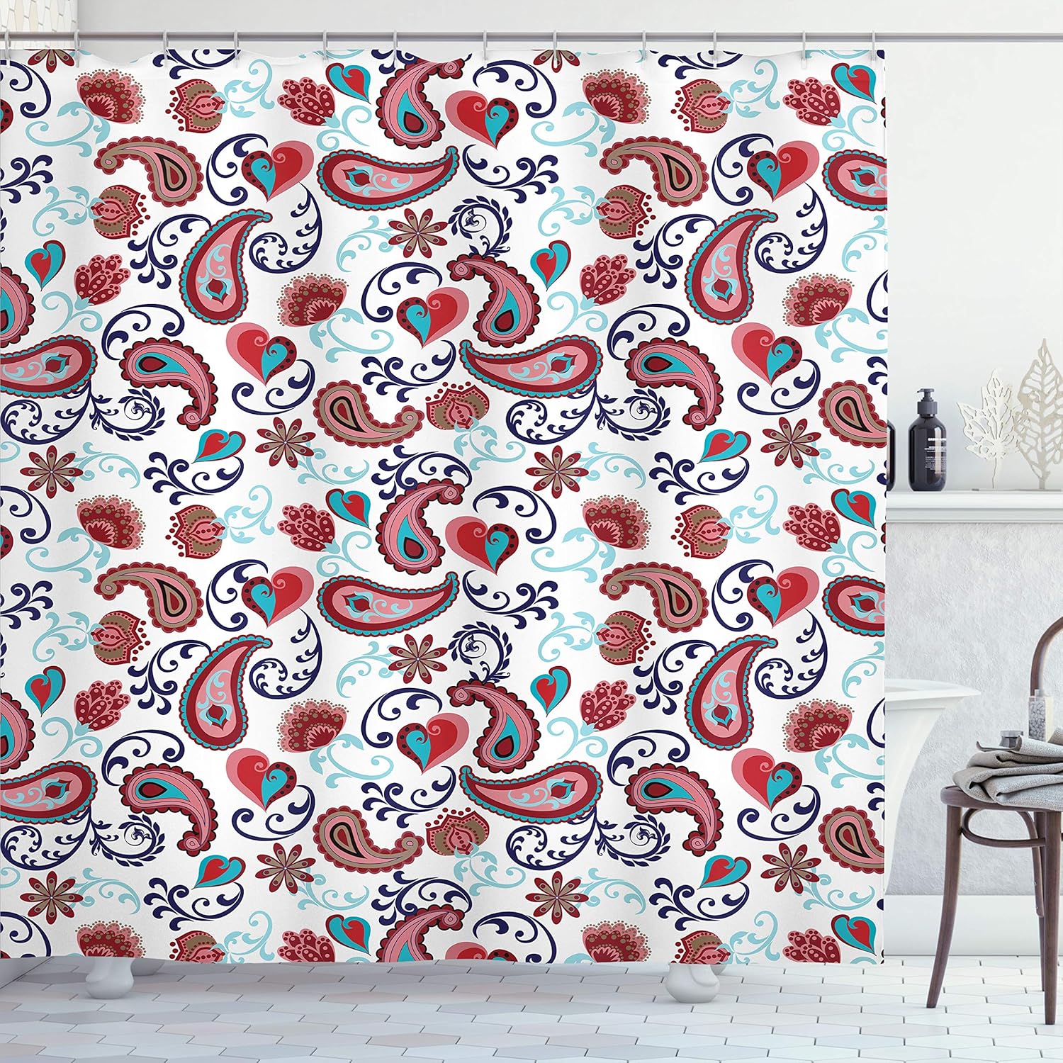 Ambesonne Paisley Shower Curtain, Style Rose and Swirled Floret Buds Bohemian Lady Feminine Art Print, Cloth Fabric Bathroom Decor Set with Hooks, 75" Long, Pale Mauve