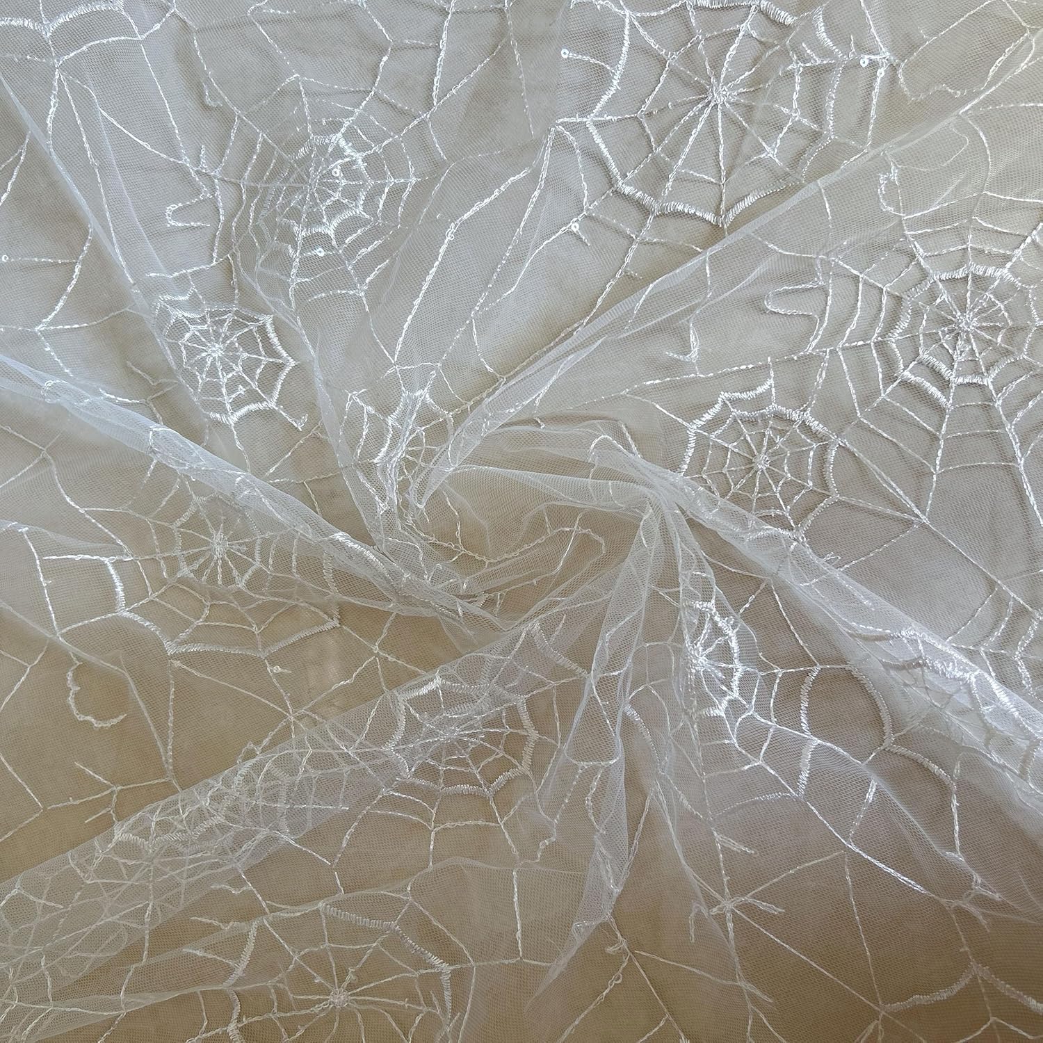 Spiderweb Lace Fabric Soft Black Lace Fabric by The Yard Halloween Cobweb Tulle Fabric for DIY Dress Top Sew Party Decorative Overlays for Table,Halloween Decor (White, 3 Yard (70 x51 in))