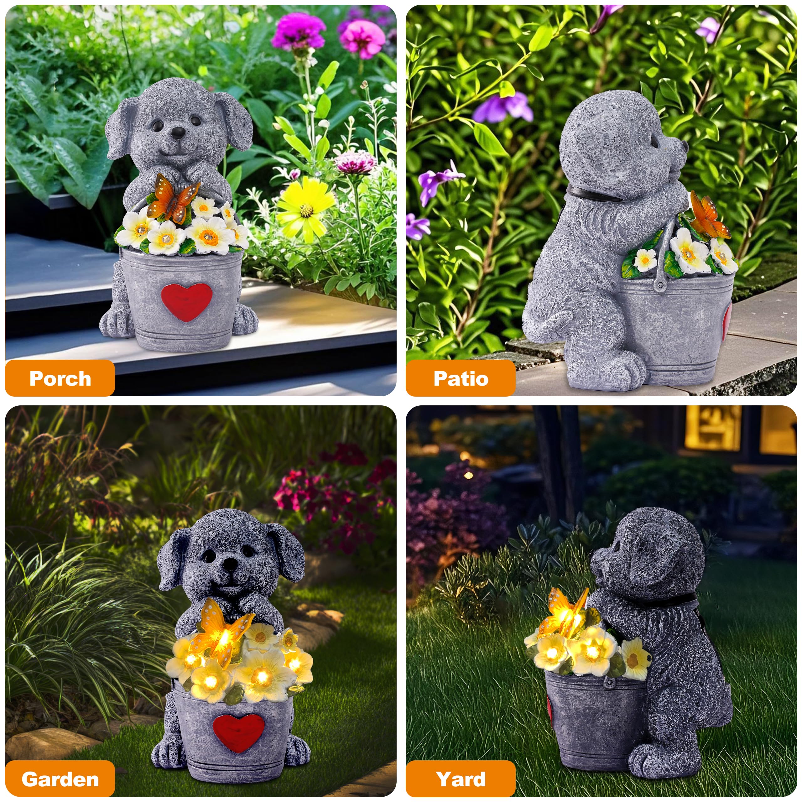 OTAVILEM Statue solari a forma di cane per decorazione da giardino, statuette di cani da esterno con secchio per cortile, patio, prato, balcone, ornamenti, regali da giardino per la festa della mamma