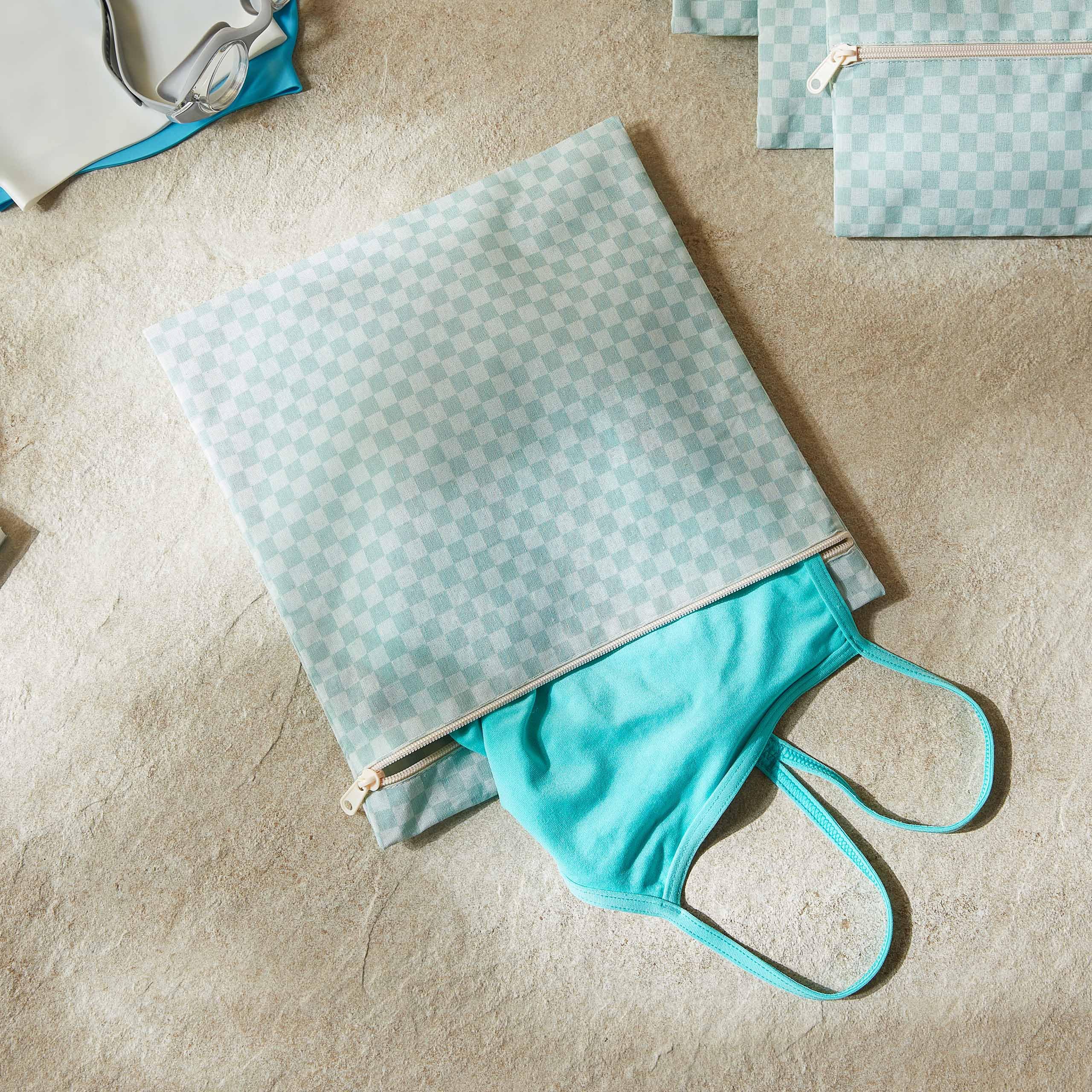 Ocean Home Textile 2'li Su Geçirmez Pvc Astarlı Mint Dama Desen Islak Kuru Çantası 28 x 30/30 x 36 cm