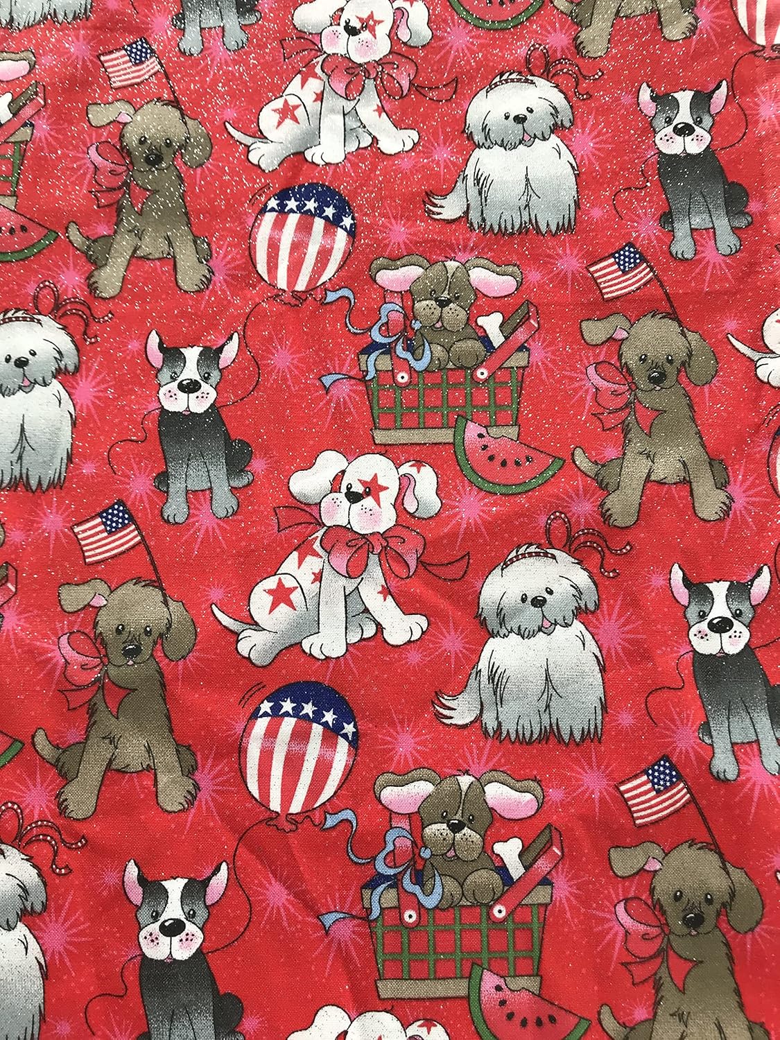 Patriotic Dogs Glitter Fabric on Red 4th of July Celebration Holiday Independence Day 100% Cotton Sewing Fabric Fat Quarters Size: 1/4 Yard or Fat Quarter - 18” X 21”