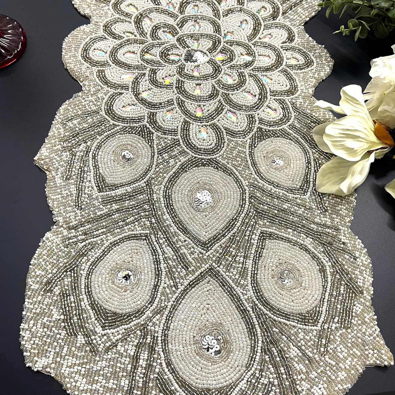 Enliven Handmade Beaded Table Runner, 13x36 Inches Lightweight Decorative Peacock Design Table Runner, Perfect For Dining/Wedding/Party/Everyday Use & Easy To Clean, Elegant Beaded Runner-White,Silver
