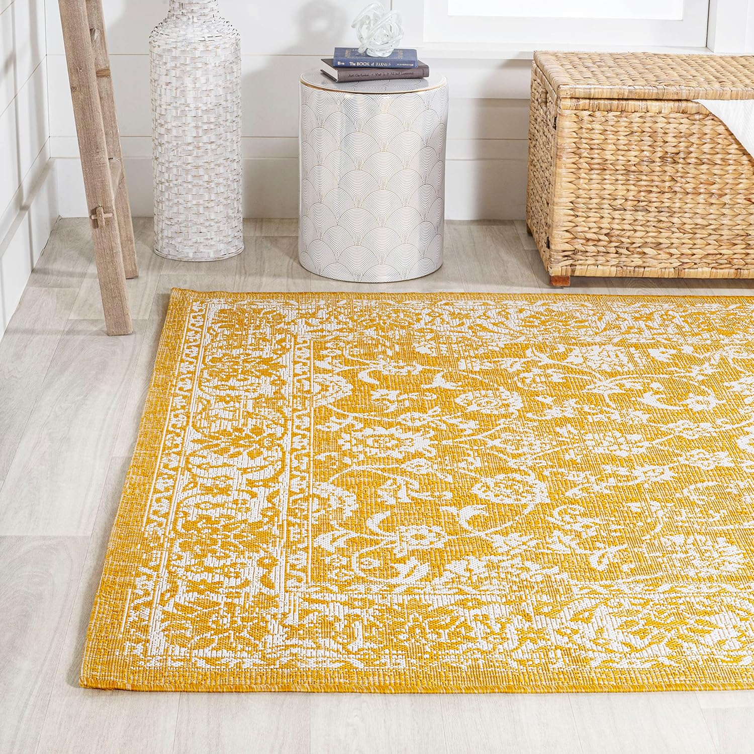 Eyely BMS100E-3 Santa Monica Tela Bohemian Textured Weave Floral Indoor/Outdoor Area Rug Coastal;Vintage;Glam, Bedroom, Backyard, Patio, Easy-Cleaning, Non-Shedding, 3 X 5, Yellow/Cream