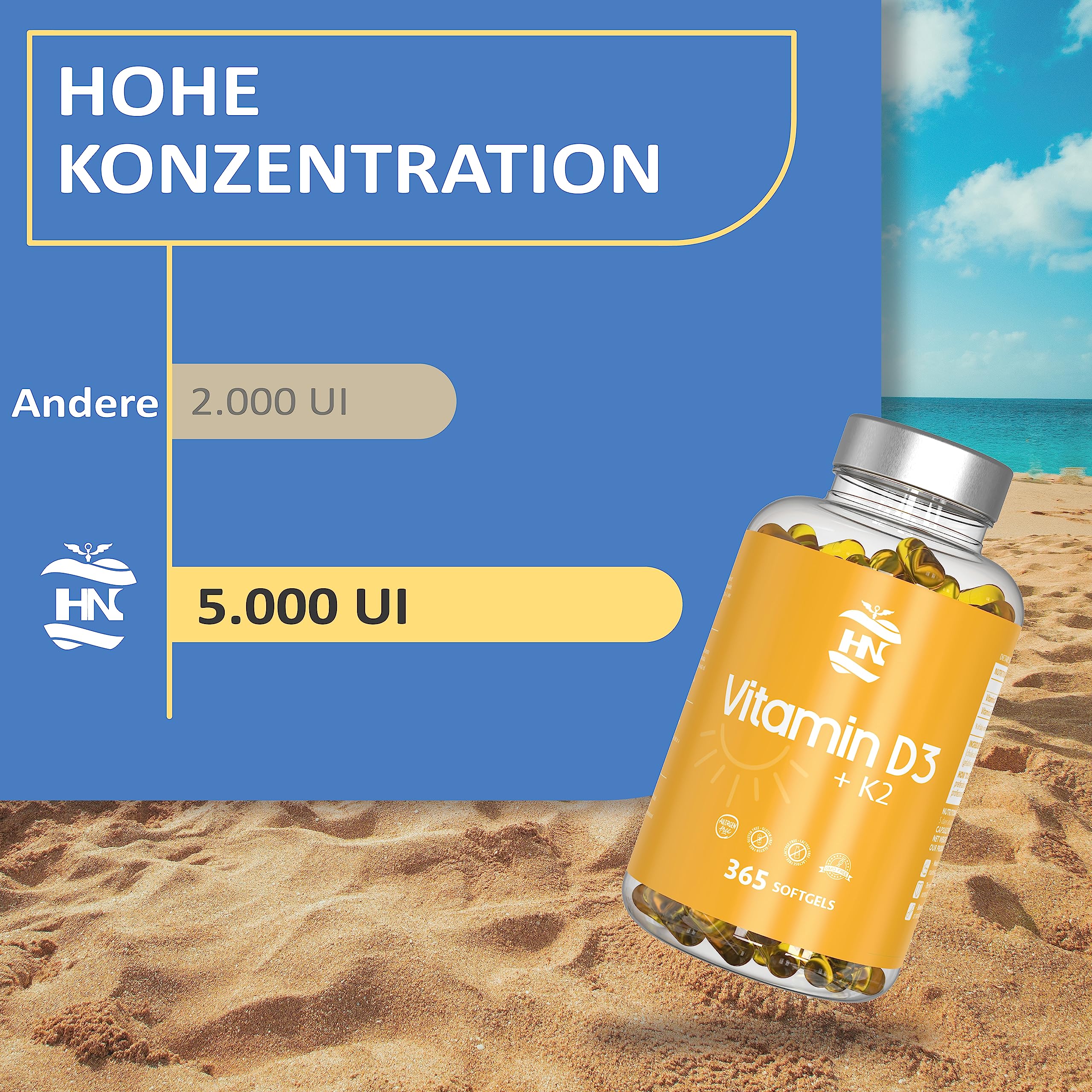 Vitamin D. (5000 IE) 365 Kapseln Vitamin D3 + K2 Hochdosiert Unterstützt Immun Und Knochenfunktion Hohe Konzentration Antioxidantien Antifettiga Weichkapseln Premium