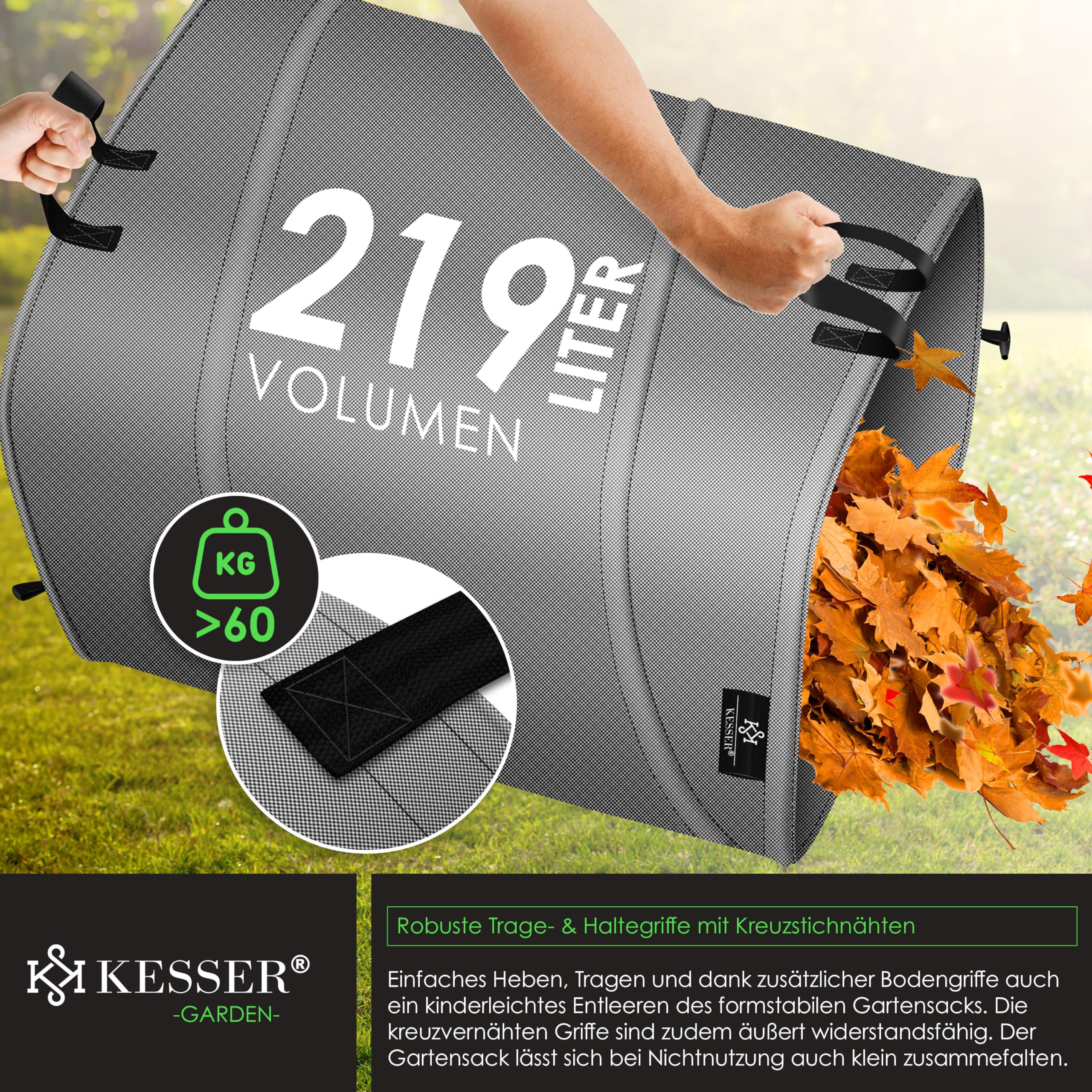 KESSER® Set di Sacchi da Giardino Pop-up - 2x 219 Litri, Sacco per Rifiuti da Giardino con Guanti, Autoportante con Maniglie, Robusto, Robusto e Richiudibile, Grigio/Nero